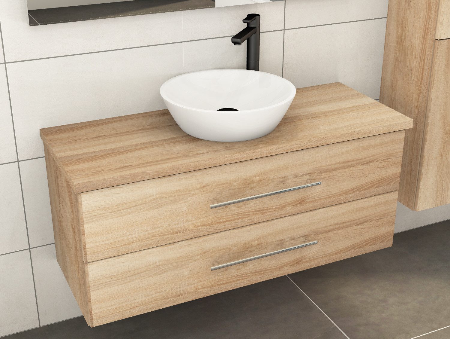 Aqua Bagno Badmöbel-Set Badmöbel-Set Flex 120 cm Eiche Gold mit Keramikbecken & Trägerplatte, (vormontiert, 3-St., Badmöbelschrank melaminbeschichtet, Trägerplatte, Keramikwaschbecken), einfache Montage, Skandi