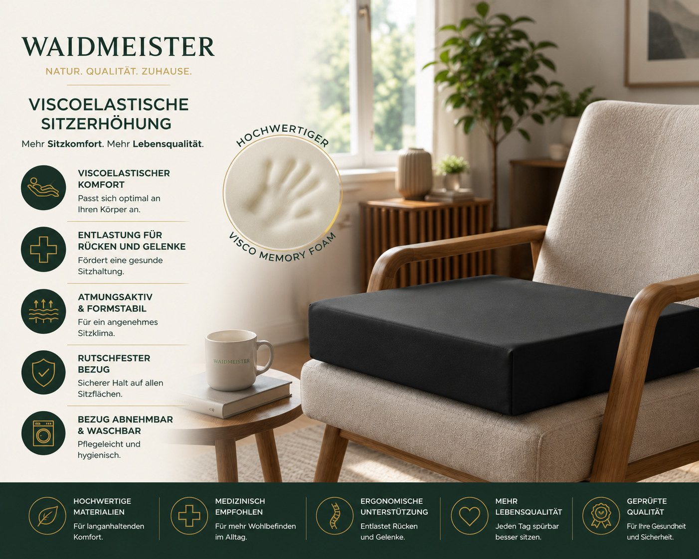 Waidmeister Stützkissen Orthopädische Sitzerhöhung viscoelastisches Stützkissen 40x40x10 cm, 1-tlg.