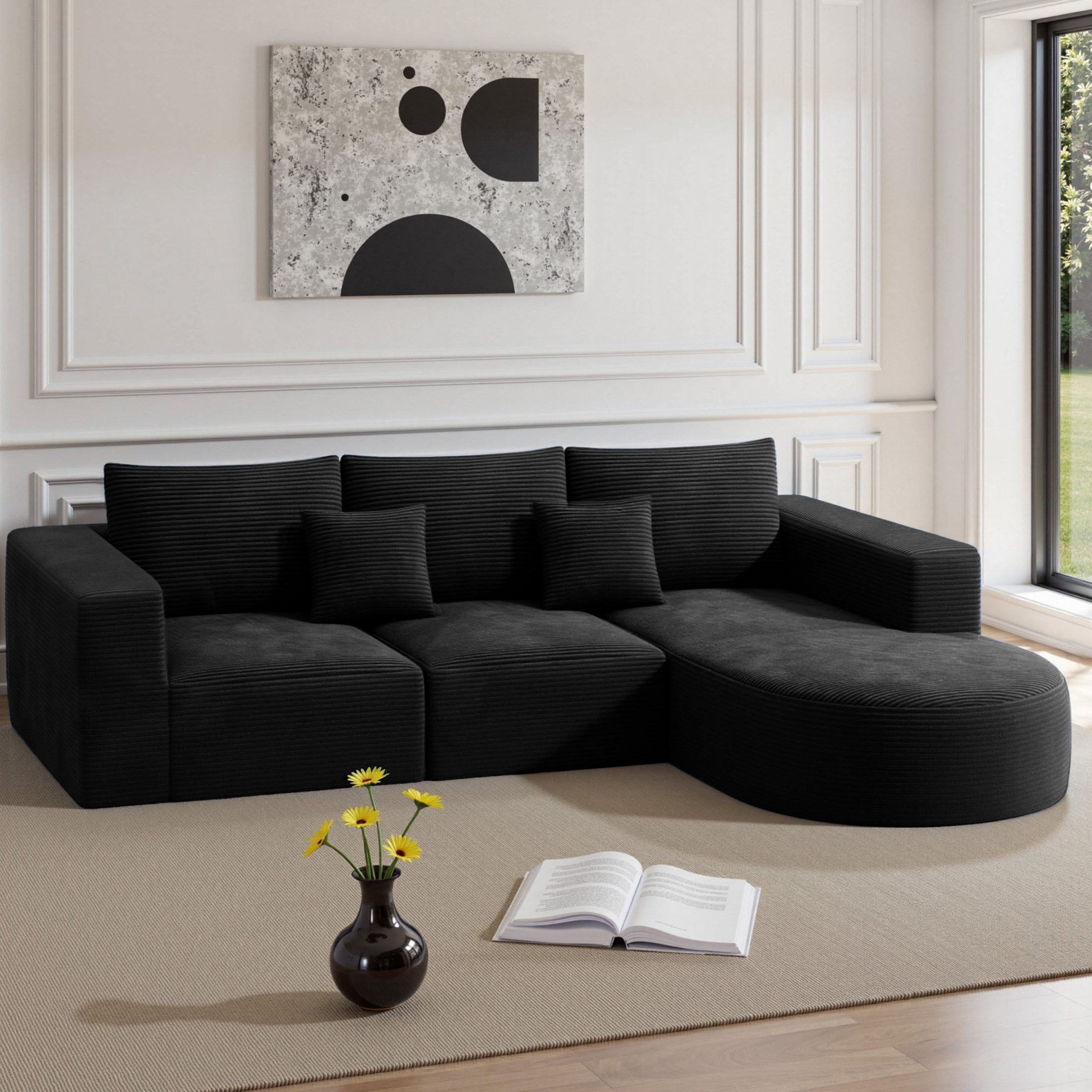 HawthyHome Sofa Cloud-Cord Ecksofa L-form 264x177cm, 1 Teile, Montagefrei Couch mit zwei Kissen für Wohnzimmer & Schlafzimmer