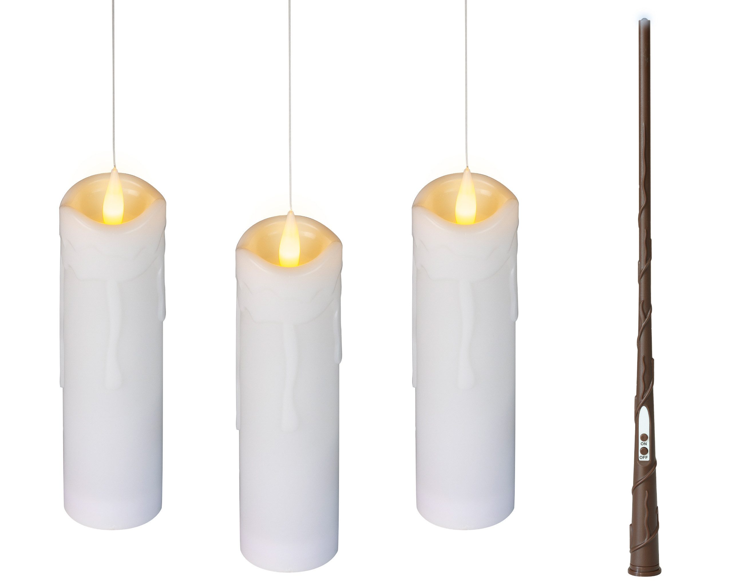 Lumineo LED-Kerze, Flacker Effekt, warmweiß, Magische LED Kerzen 19x5cm mit Zauberstab 3er Set Weiß