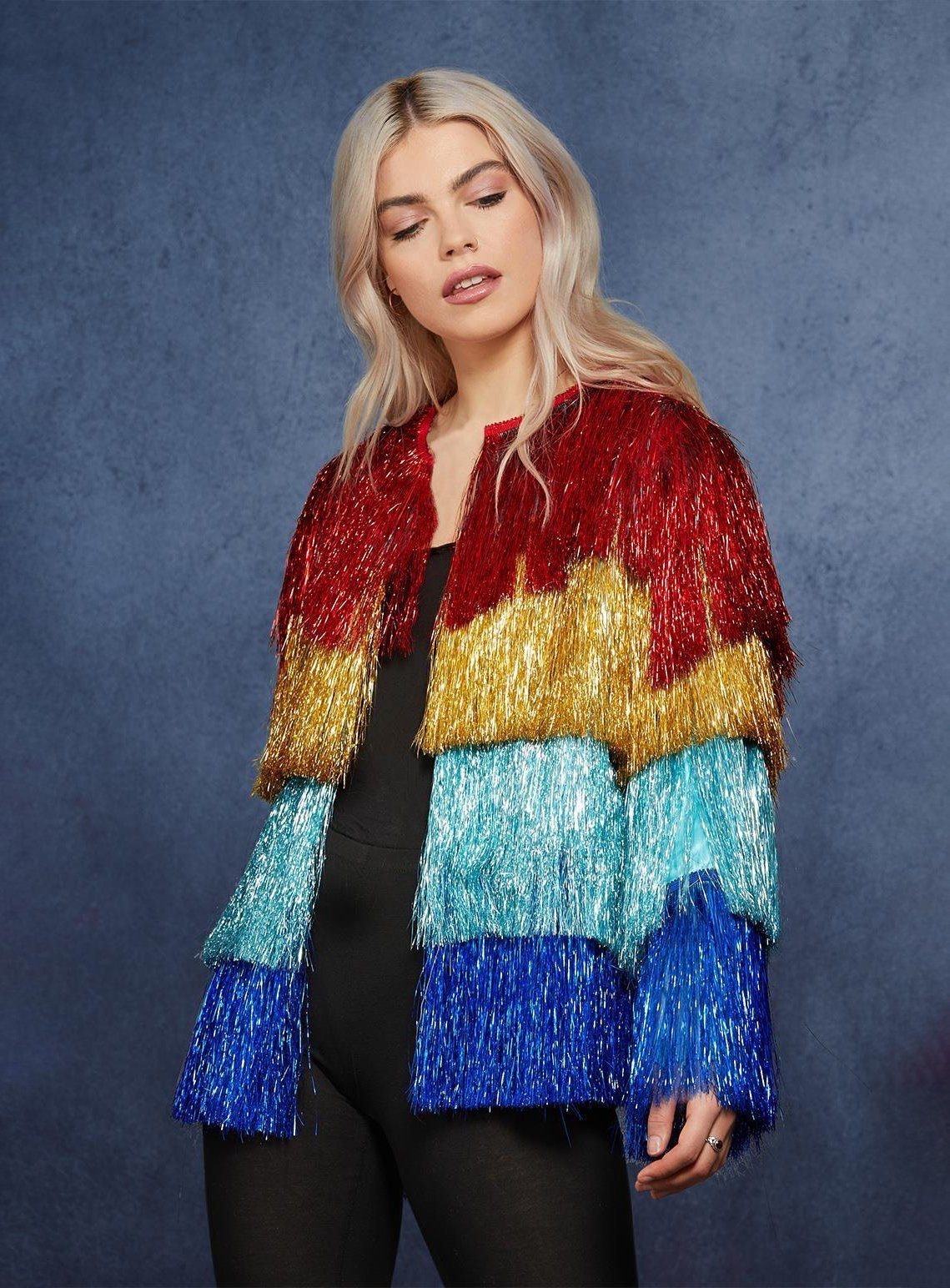 Smiffys Kostüm Lametta Festivaljacke vierfarbig, Knallbunte Jacke mit metal günstig online kaufen