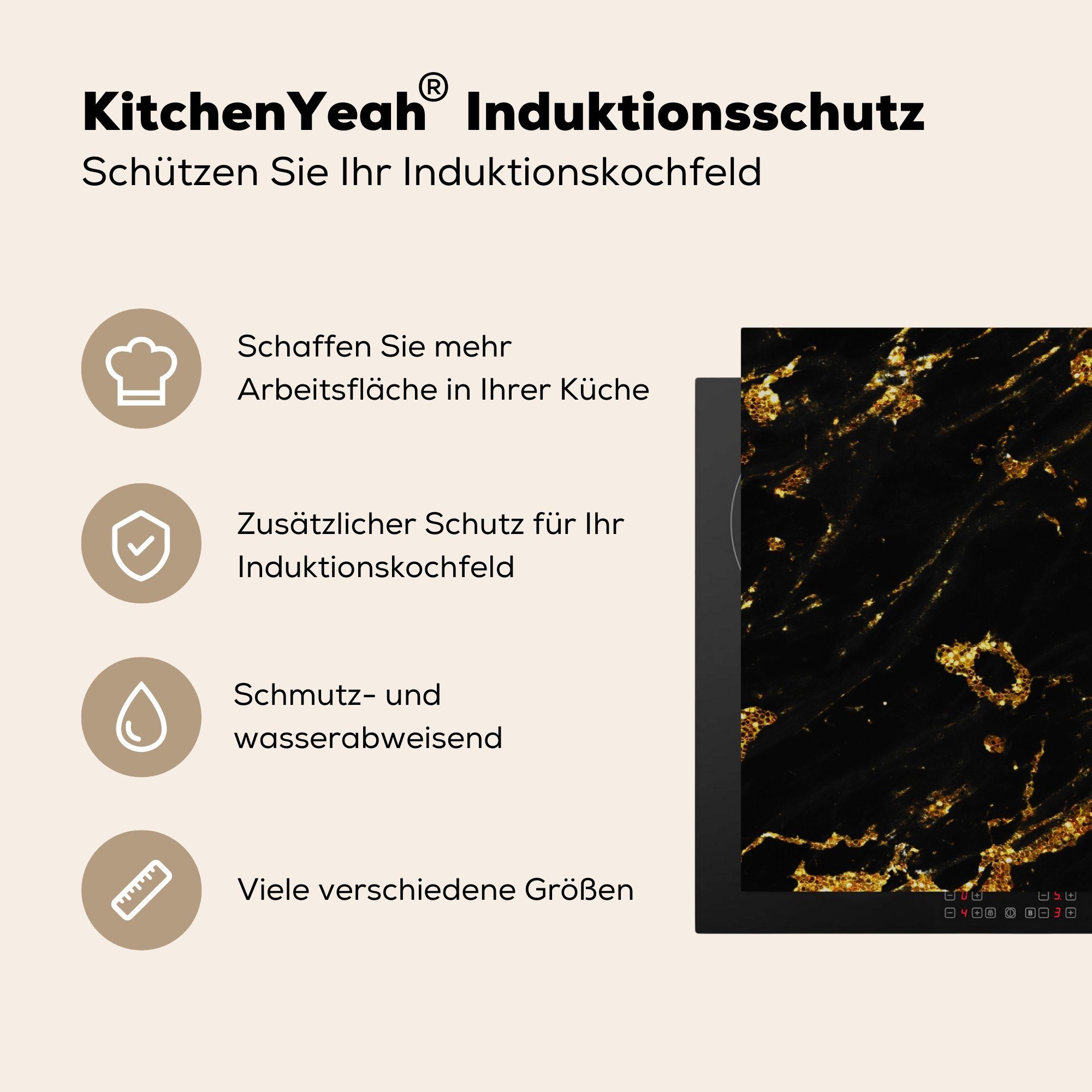 Induktionskochfeld Herdblende-/Abdeckplatte Ceranfeldabdeckung MuchoWow Vinyl, tlg), küche, Schutz - - Glitter, 81x52 cm, die für Marmor Gold (1