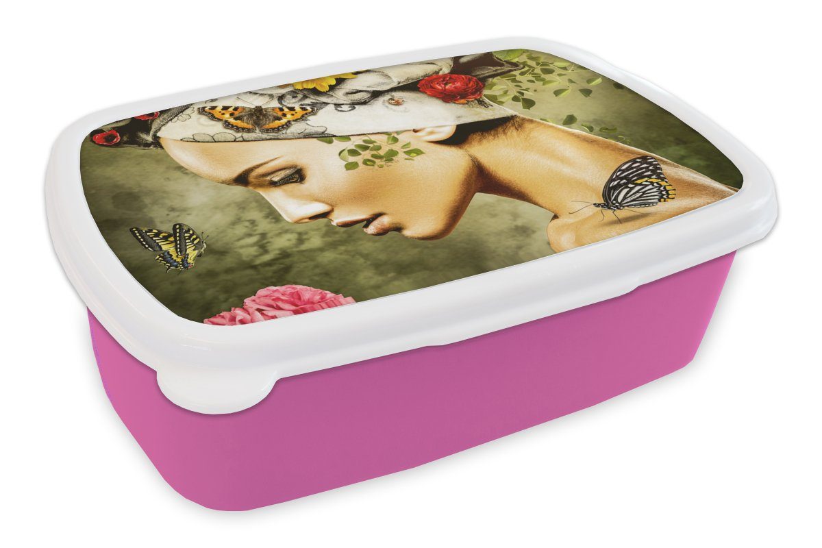MuchoWow Lunchbox Frau - Blumen - Farben - Schmetterlinge - Rosen - Kopftuch, Kunststoff, (2-tlg), Brotbox für Erwachsene, Brotdose Kinder, Snackbox, Mädchen, Kunststoff rosa