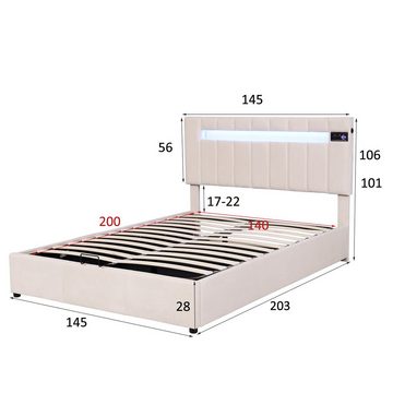 Merax Polsterbett mit LED-Beleuchtung, Bluetooth-Player und USB-Aufladung, Samt Bezug (2-tlg), 140x200cm Hydraulisches Polsterbett, Doppelbett mit Bettkasten