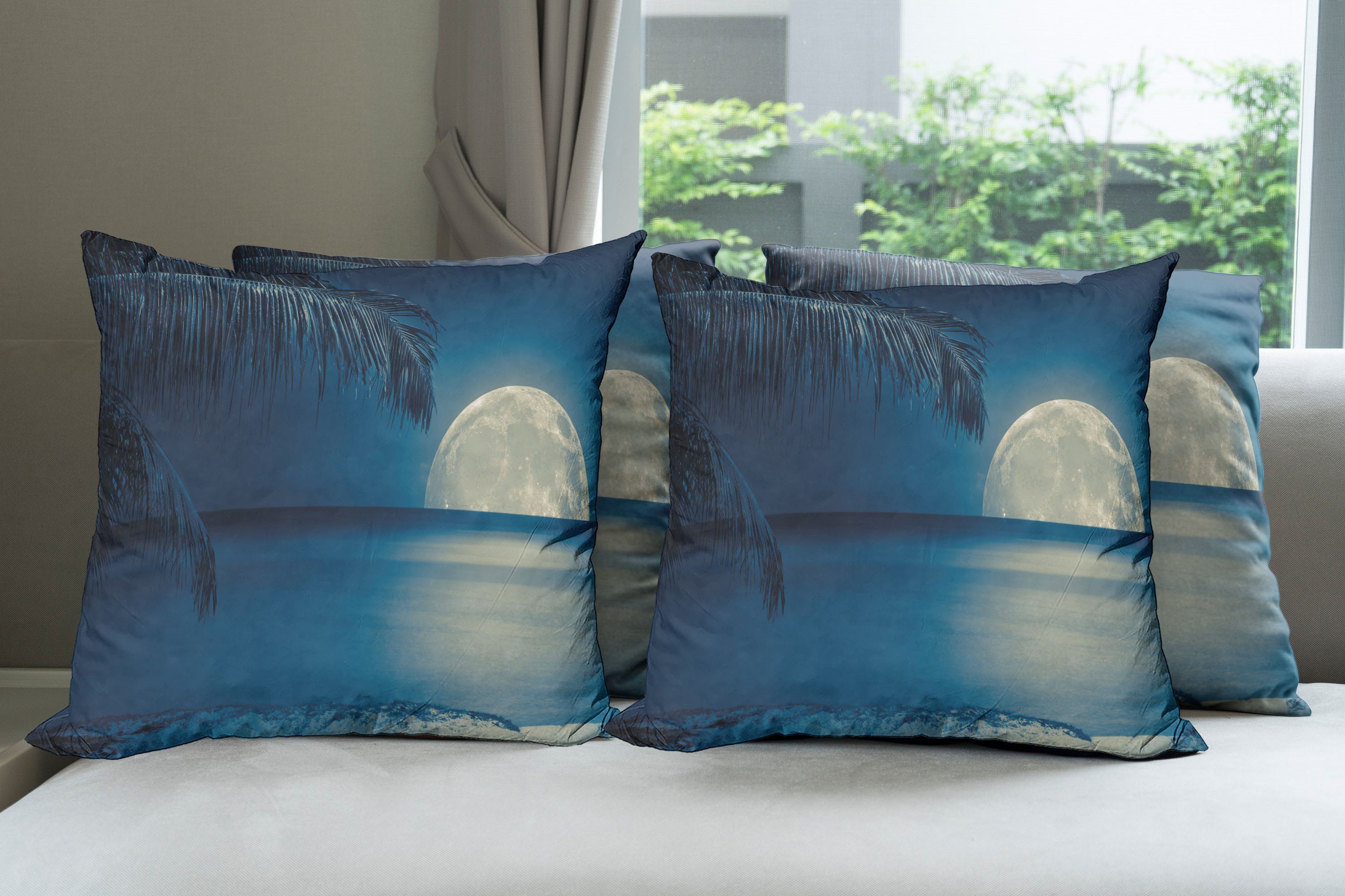 Doppelseitiger Abakuhaus Mond tropische (4 Strand-Bild Blaue Modern Kissenbezüge Digitaldruck, Stück), Accent