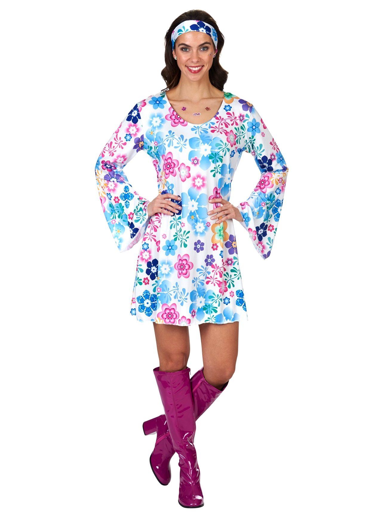 Metamorph Kostüm Hippie Blümchenkleid - 70er Kostüm für Fasching, Hippiekleid mit 70er Jahre Blumenmuster
