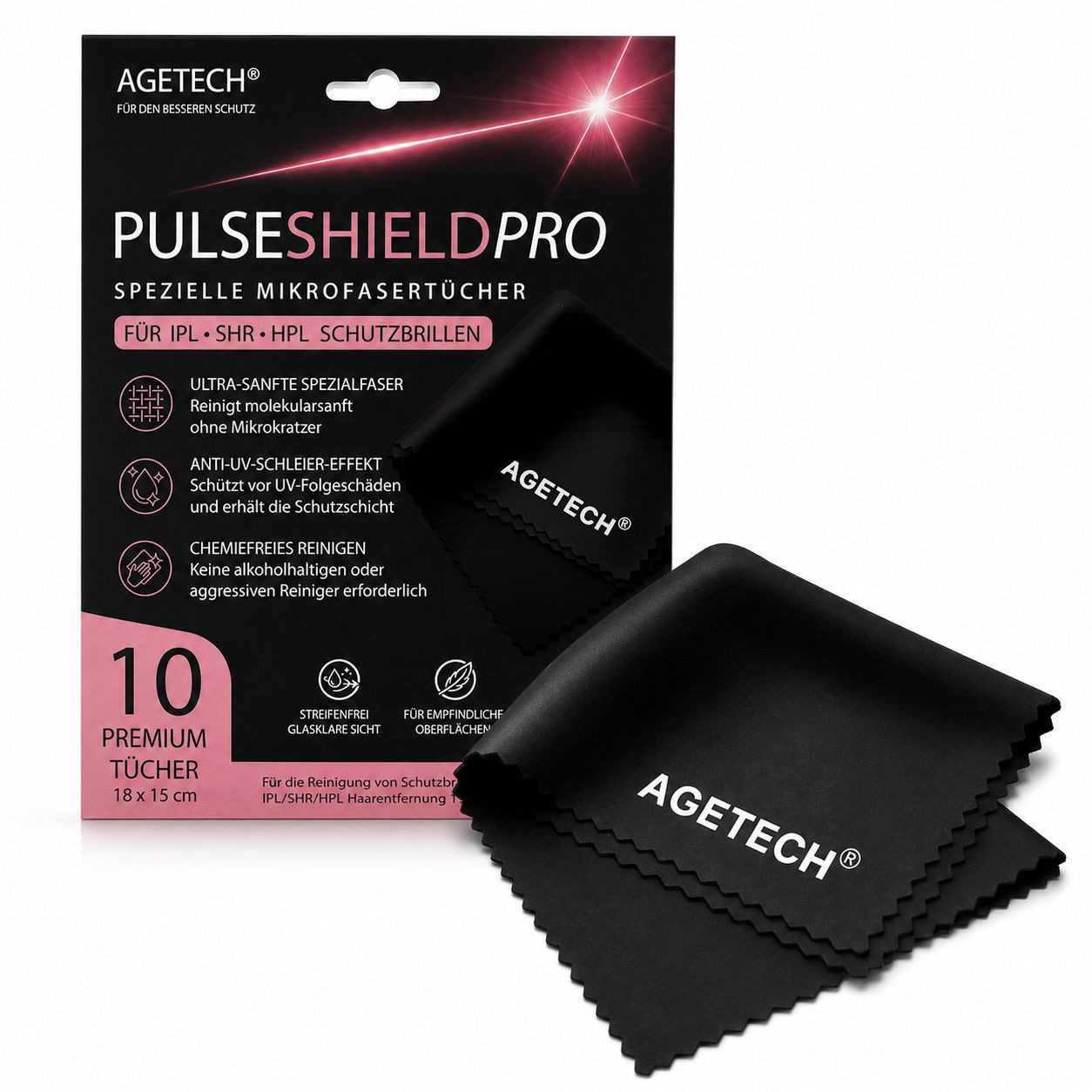 AGETECH PulseShieldPro Mikrofasertücher für IPL/SHR/HPL Brillen, 10er Set Mikrofasertuch (10-tlg., ideal für IPL/HPL/SHR Brillen, chemiefreie Reinigung, schlierenarm)