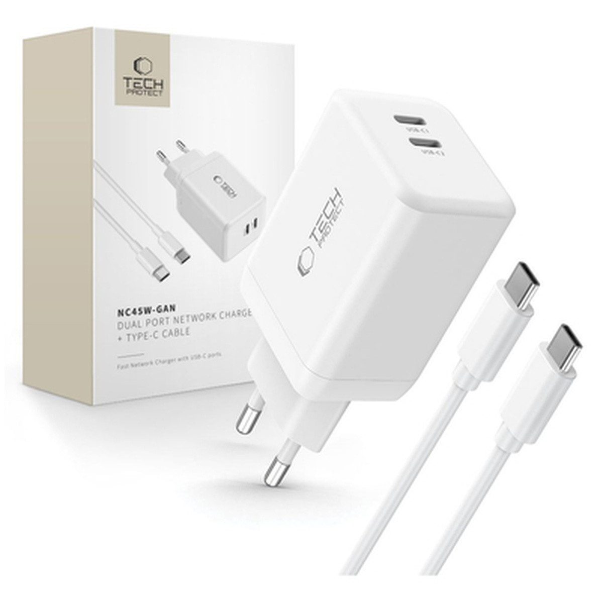 TECH PROTECT Tech Protect NC45W GAN 2 PORT PD45W Ladegerät USB-C KABEL Smartphone-Ladegerät