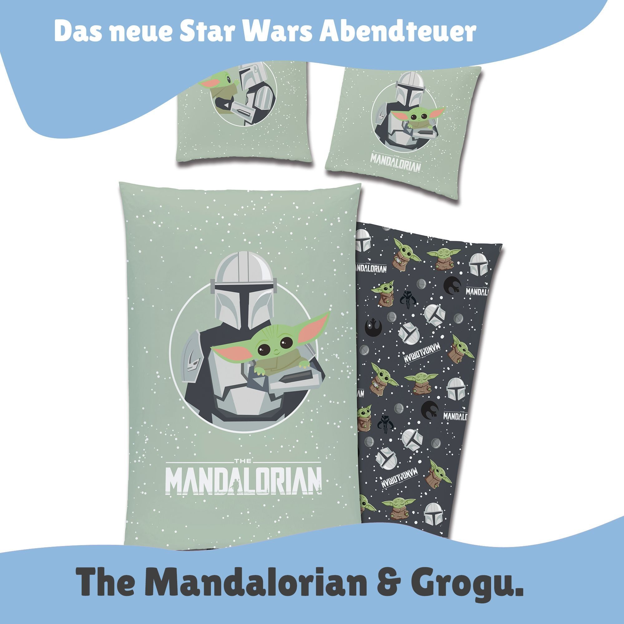 Familando Kinderbettwäsche Star Wars "The Mandalorian & Grogu" 135x200 80x80cm 100% Baumwolle, Renforcé, 2 teilig, mit Reißverschluss