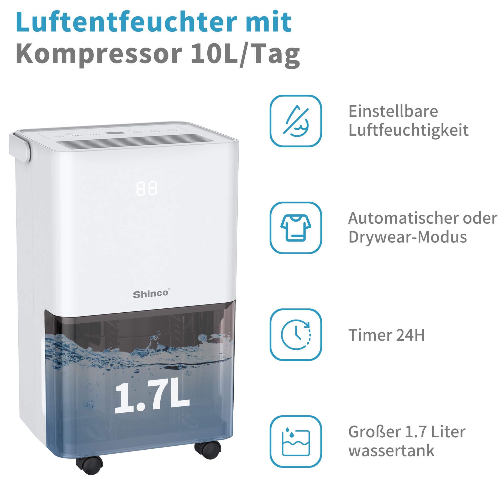 Shinco Luftentfeuchter Luftentfeuchter Elektrisch 10L,Energieeffiziente Entfeuchter für 45m³, für 45 m³ Räume, Entfeuchtung 10 l/Tag, Tank 1,7 l, 10L elektrischer Luftentfeuchter, für 45m³, leise