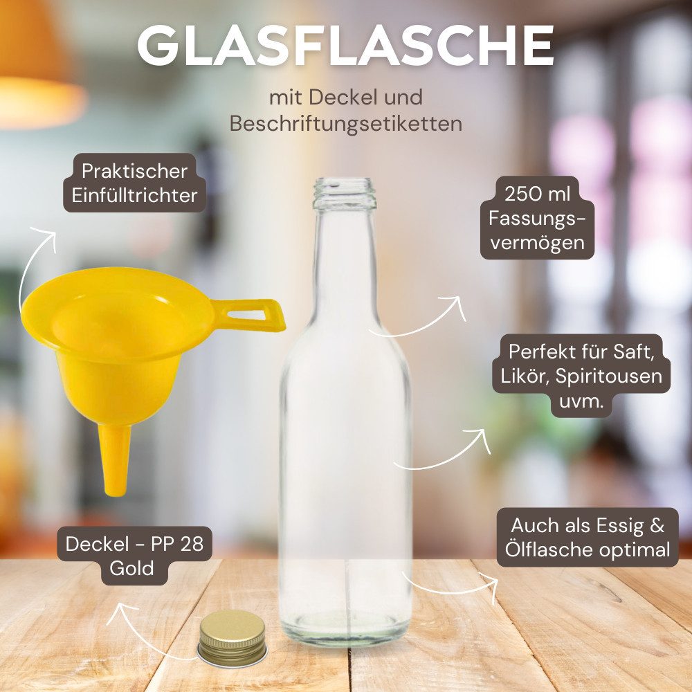 mikken Trinkflasche 20 Glasflaschen 250 ml mit Deckel leere Flasche zum befüllen, inkl. Trichter, Deckelfarbe: Gold