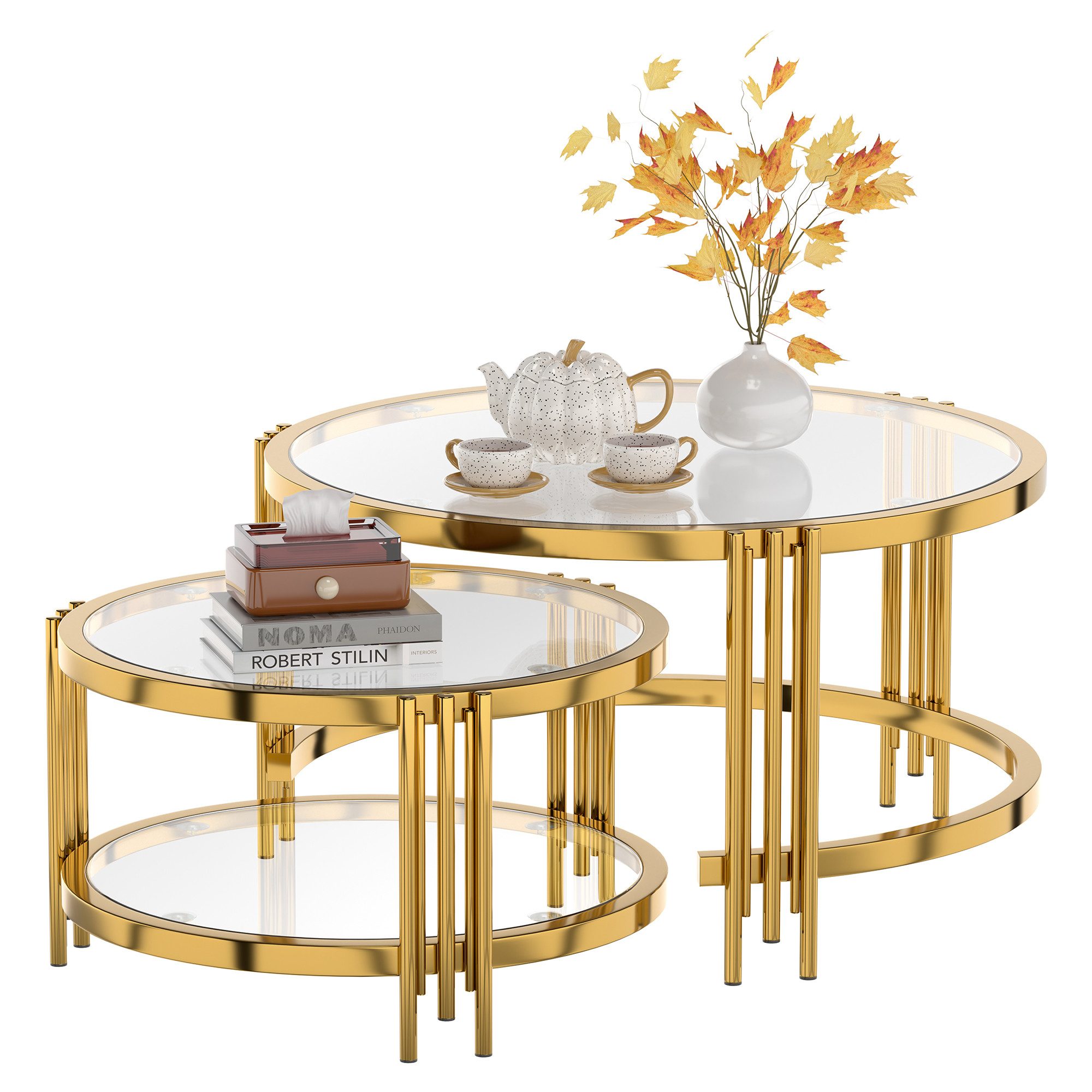 REDOM Couchtisch Set 2-tlg 80x45 cm / 60x35 cm Gold Glas Metall Nesting modern (Packung, 2-St., Galvanisierter Stahlrahmen, Sicherheitsglas, Montage einfach), Rundes Design mit Doppelglas, platzsparend und flexibel