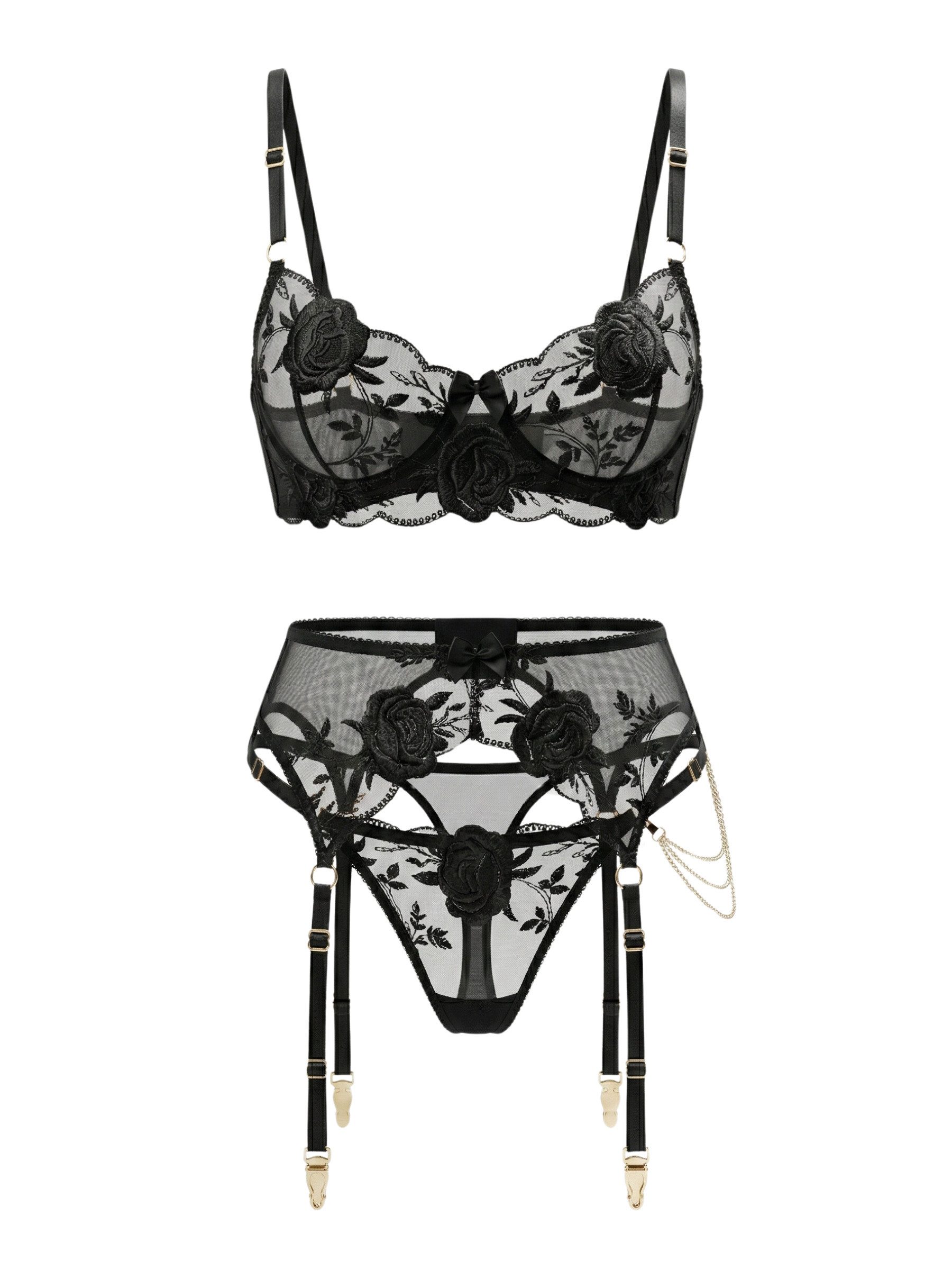 Elegant Love Set: Bügel-BH Elegantes Dessous-Set aus Spitze – Lingerie-Set mit Strumpfhaltern (Set, 3-tlg., BH + High-Waist Straps-Slip/Strapsgürtel) Unterwäsche-Set für Damen – Reizwäsche, ideal für besondere Anlässe