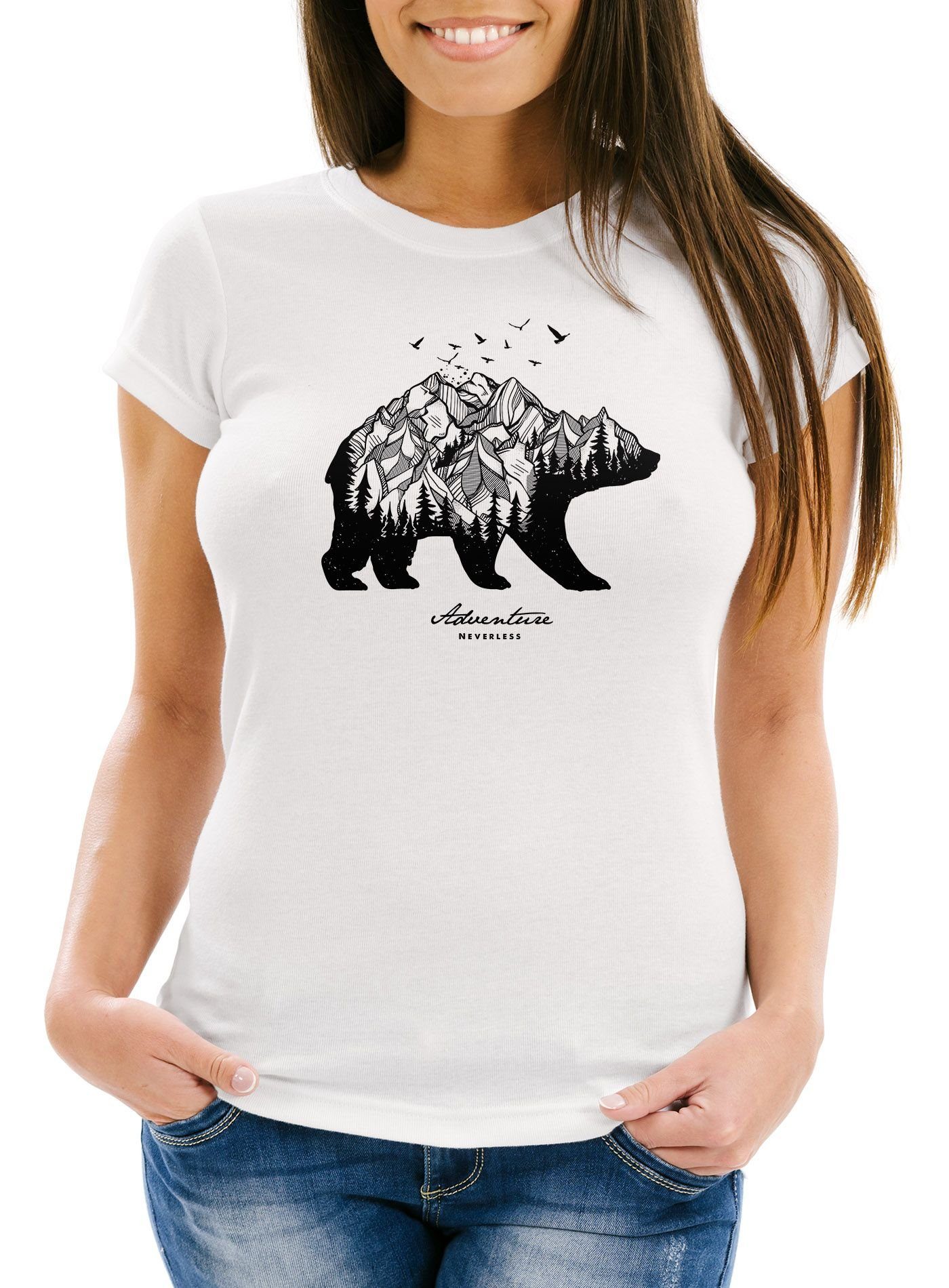 Neverless Print-Shirt Damen T-Shirt Bär Berge Wald Abenteuer Bear Mountains Adventure Slim Fit Neverless® mit Print