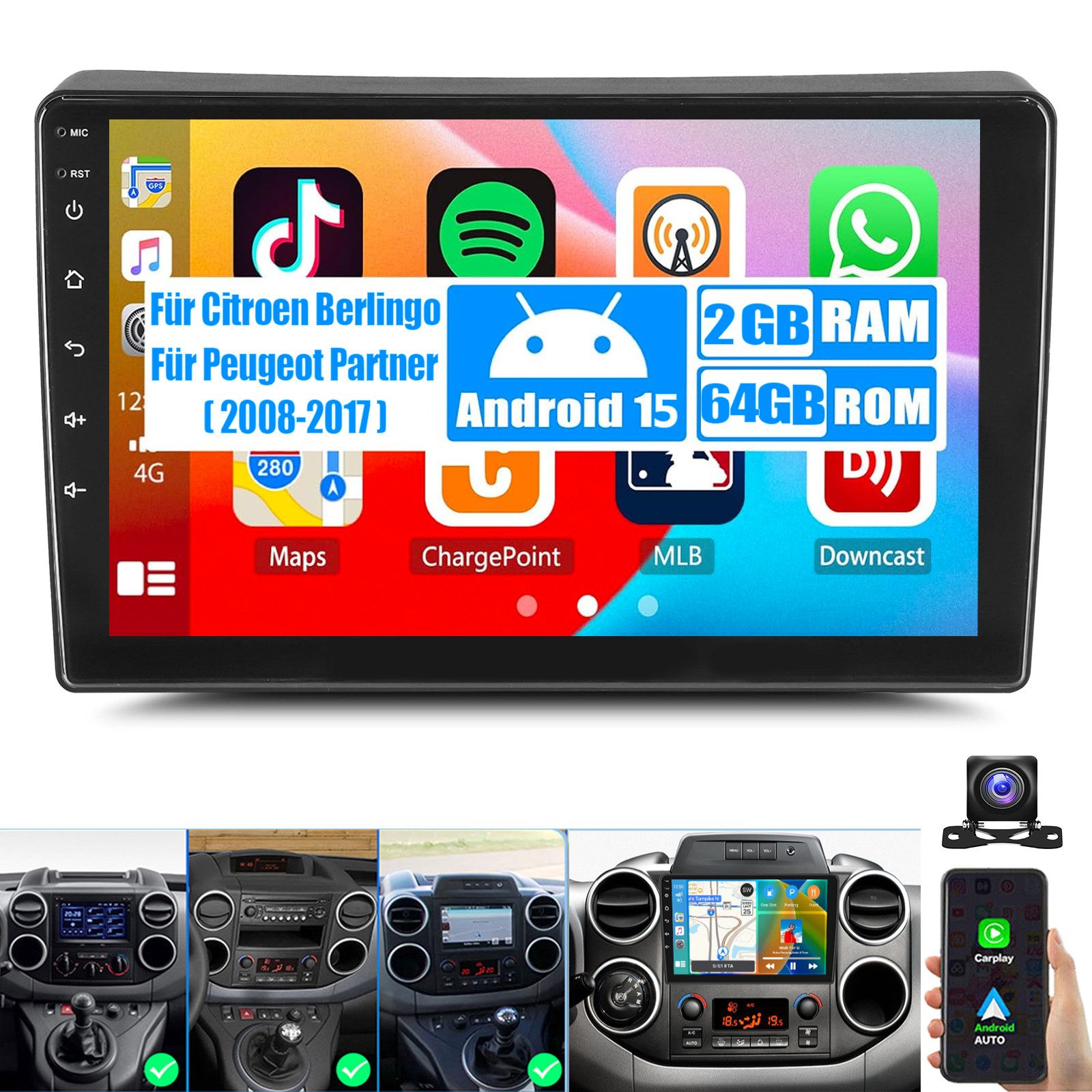 ESSGOO DAB+ CarPlay Android 15 Autoradio Für Citroen Berlingo Peugeot Partner Autoradio (Digitalradio (DAB), 4+64GB(optional), RDS, AM, FM, Carplay Android Auto Bluetooth EQ USB GPS Navi WIFI Touchscreen)