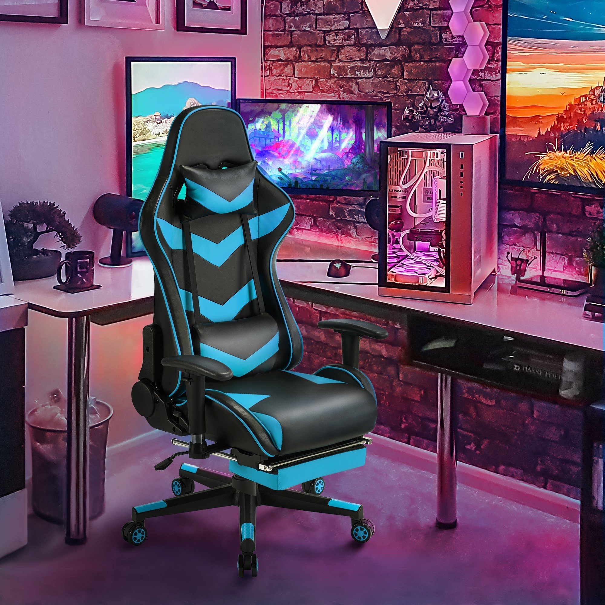 mit Yaheetech einstellbaren Gaming Armlehnen Blue Neon Chair, Gaming Stuhl