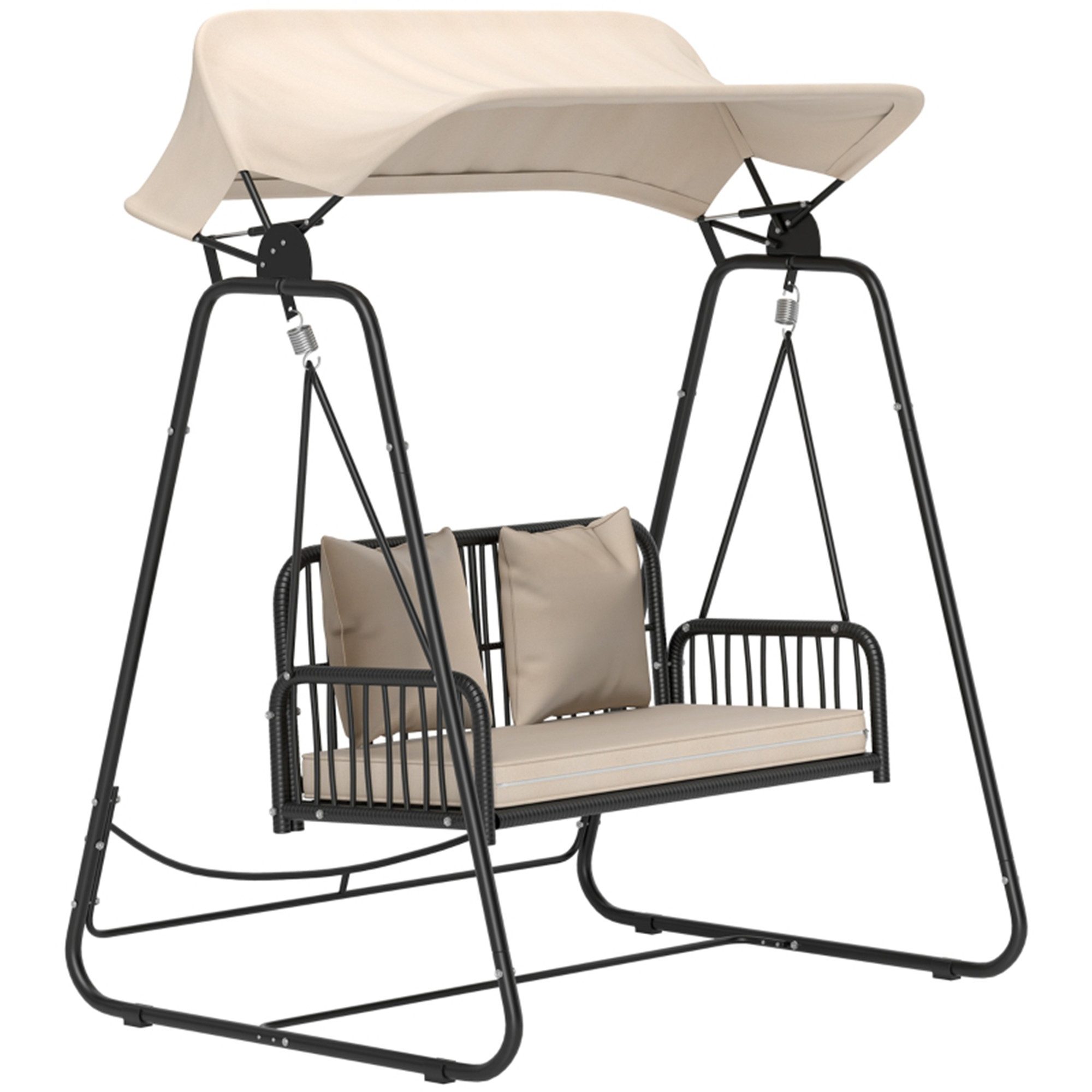 MC Star Hollywoodschaukel Rattan 2-Sitzer Gartenschaukel mit verstellbar Sonnendach Kisse, Kissen Hängebank bis 240 kg belastbar Hängeschaukel Schaukelbank