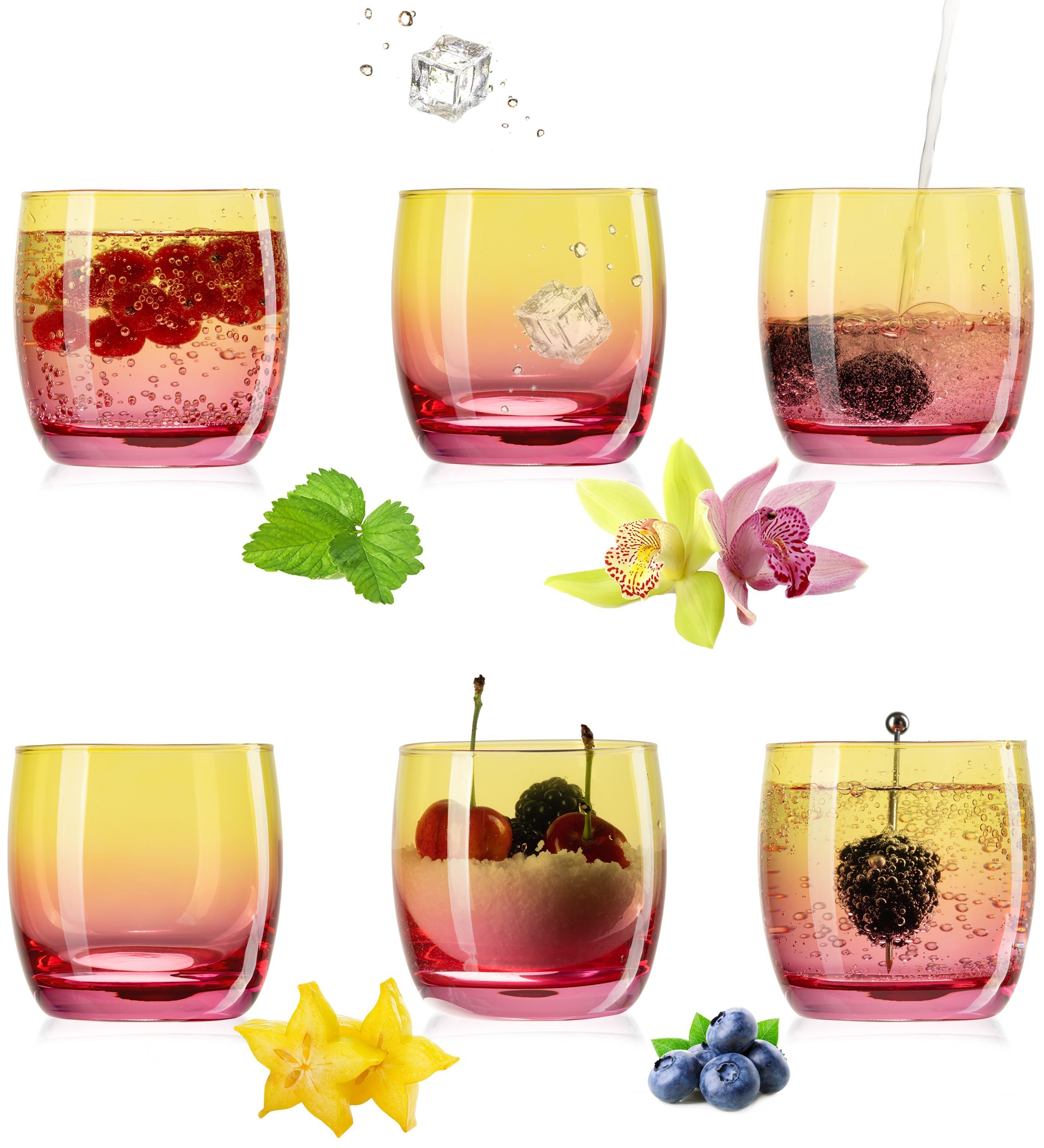 PLATINUX Glas Trinkgläser, Glas, Gelb-Rosa Bunt 200ml (max.320ml) Set 6 Stück Wassergläser Saftgläser Drinkgläser