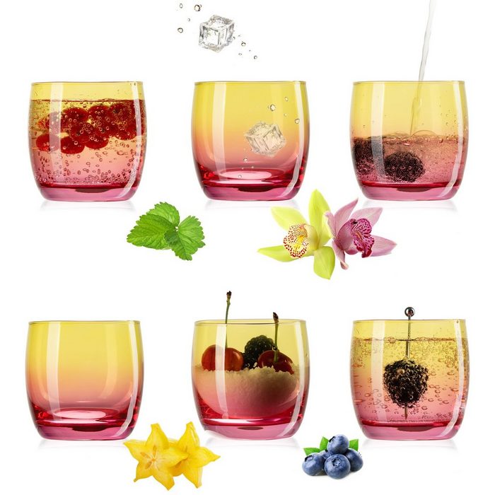 PLATINUX Glas Trinkgläser Glas Gelb-Rosa Bunt 200ml (max.320ml) Set 6 Stück Wassergläser Saftgläser Drinkgläser