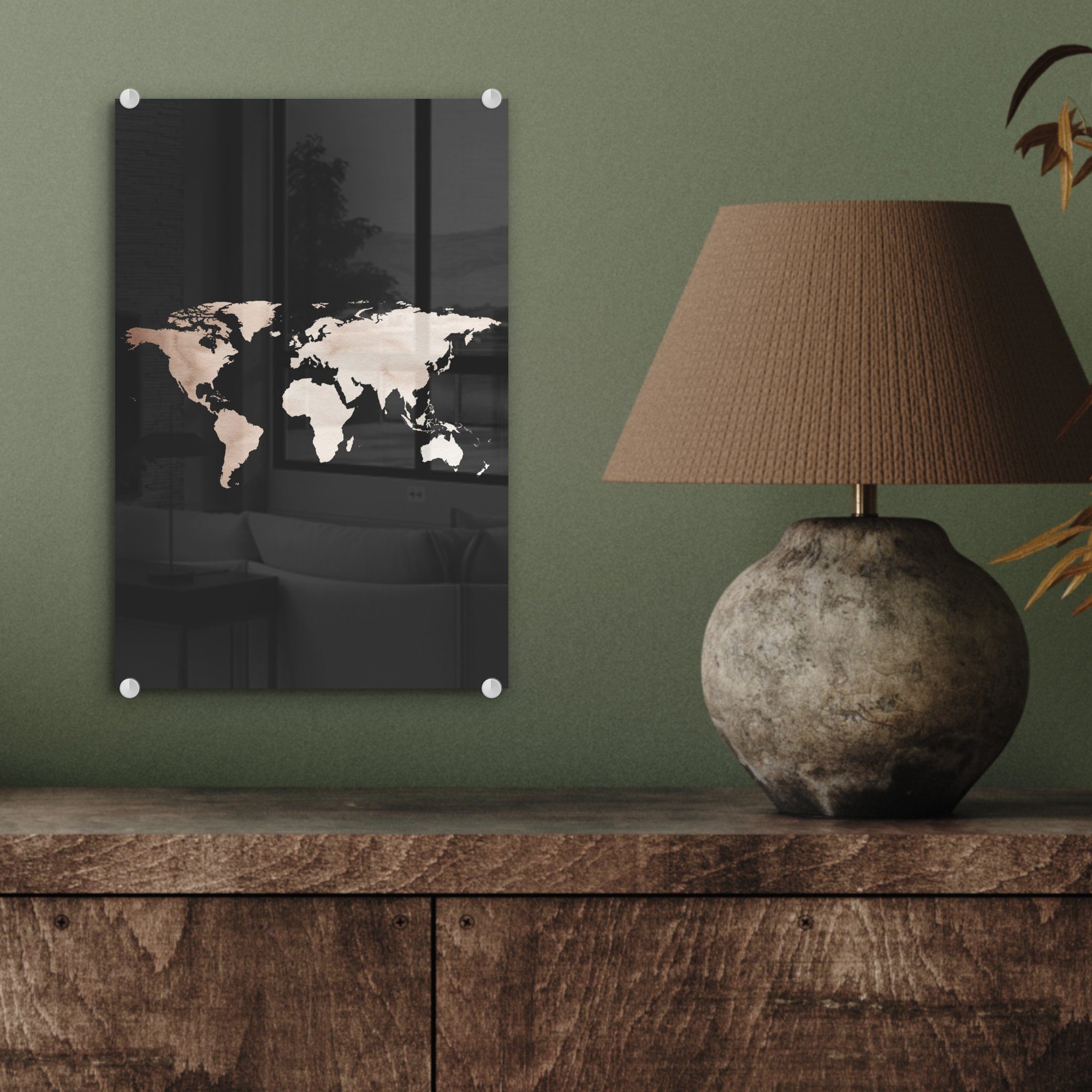 MuchoWow Acrylglasbild Weltkarte - Wandbild Glas Braun, Foto Bilder - - Glas - auf Wanddekoration (1 St), - Glasbilder Aquarell auf