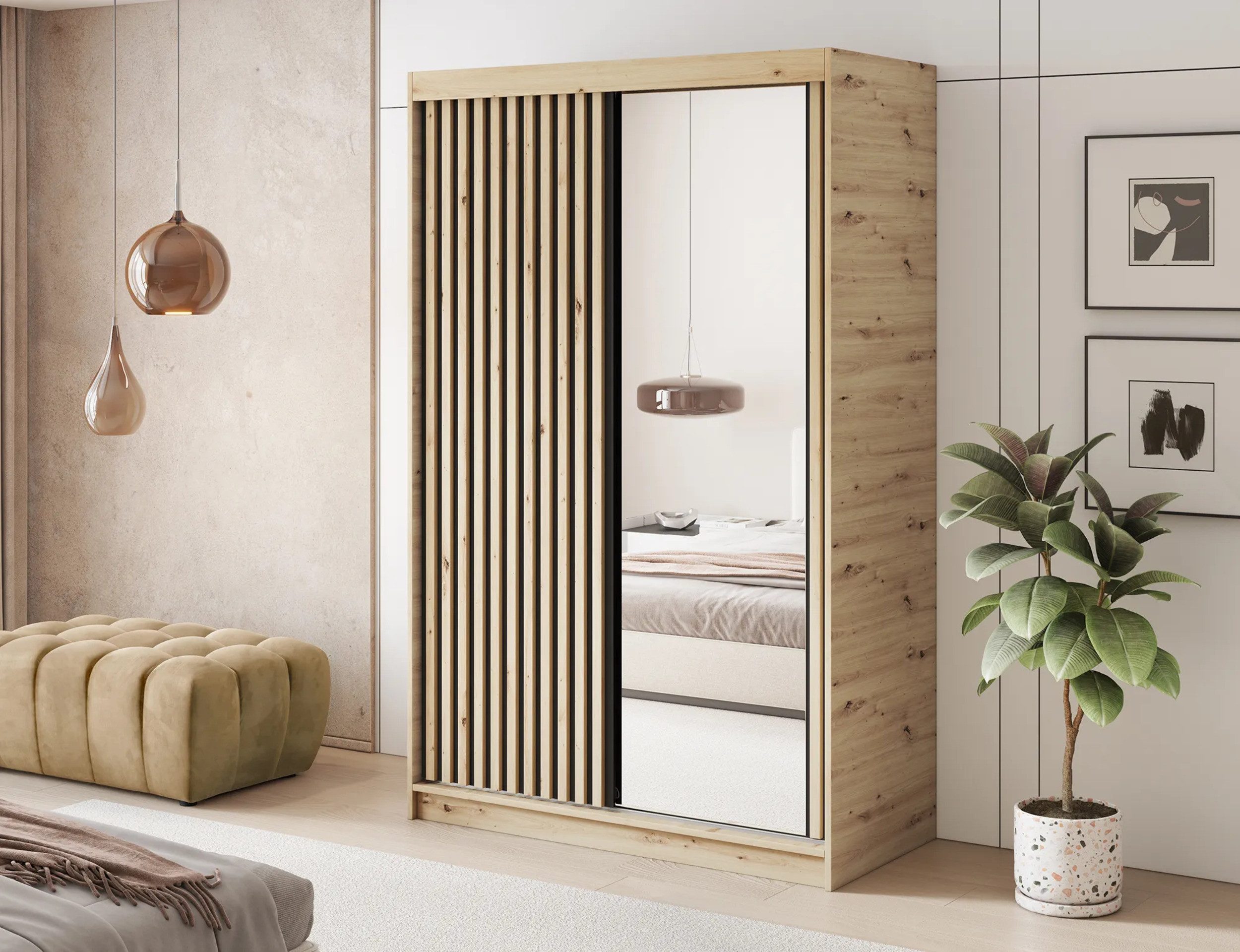 MOEBLO Schiebetürenschrank Giulia (mit Lamellenfront und Spiegel – Funktionaler Stauraum für Ihr Zuhause, Schwebetürenschrank 2-türig Schrank Garderobe Schiebtü – Bild 4 von 5