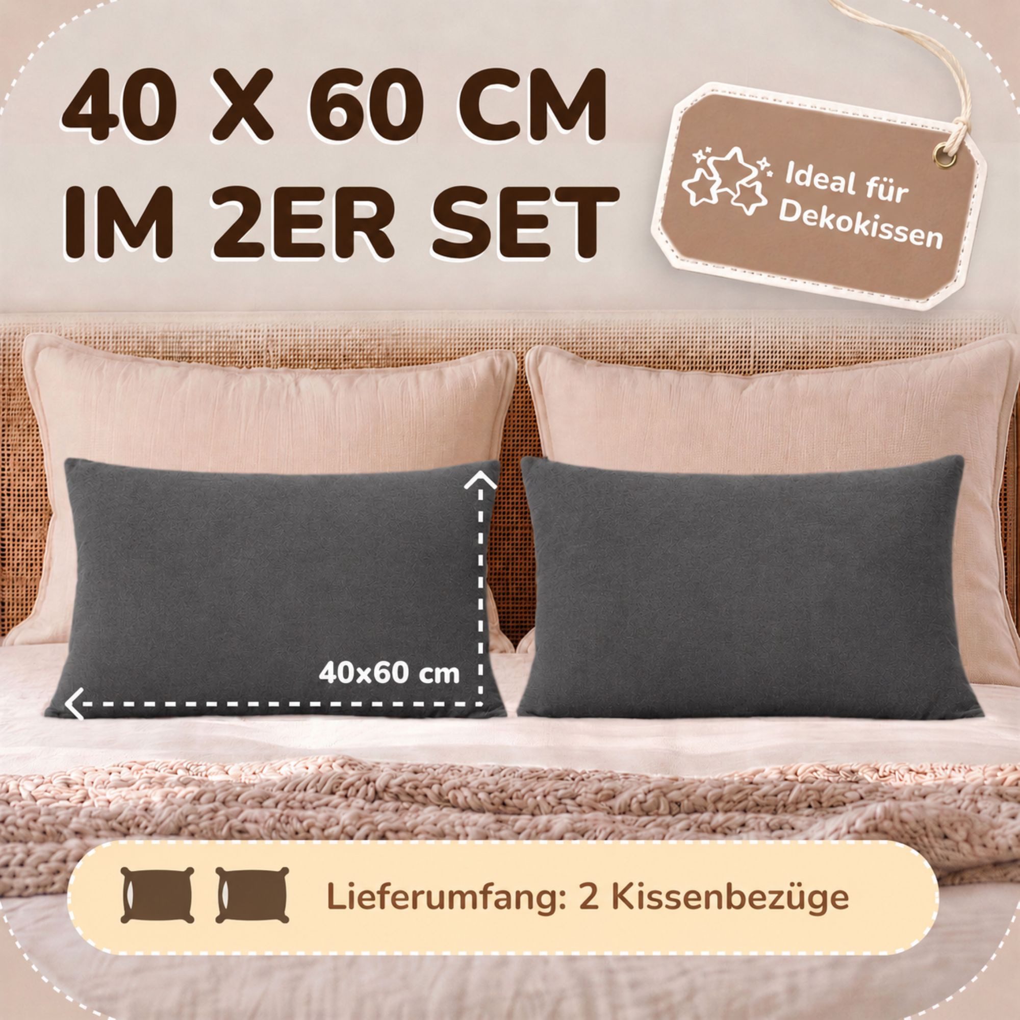 leevitex® Kissenbezüge leevitex Kissenbezug 40 x 60 cm, 2er Set, Anthrazit/Grau, (2 Stück), feine Jersey-Qualität, 100% Baumwolle, robuster Reißverschluss