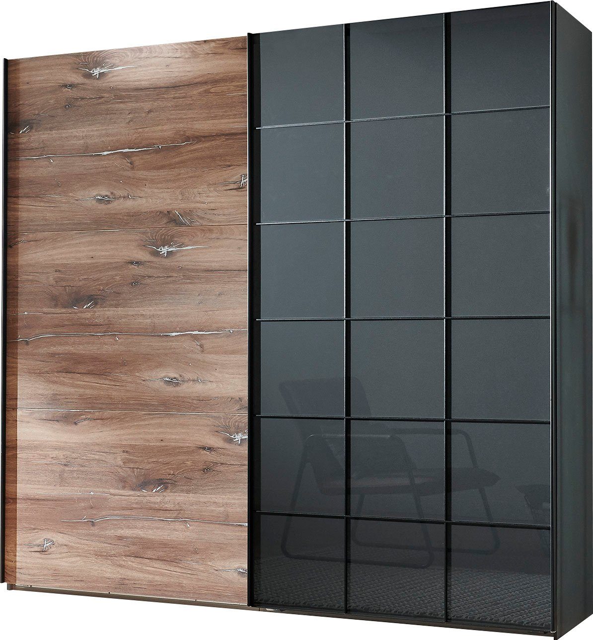 Preislimitierter Sonderverkauf Fresh To Go Schwebetürenschrank Toronto Flagstaff Nachbildung, Glas Eiche Graphit graphit Korpus | Front grey