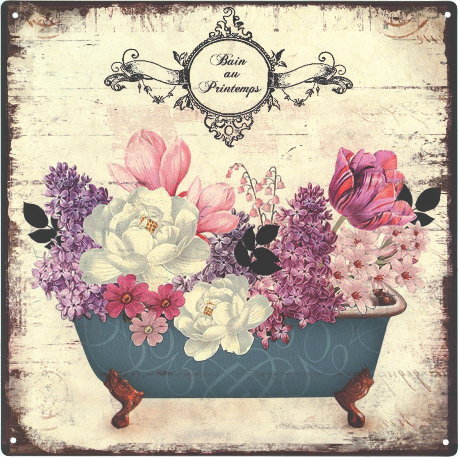 Metallschild Blechschild Badewann mit Blumen