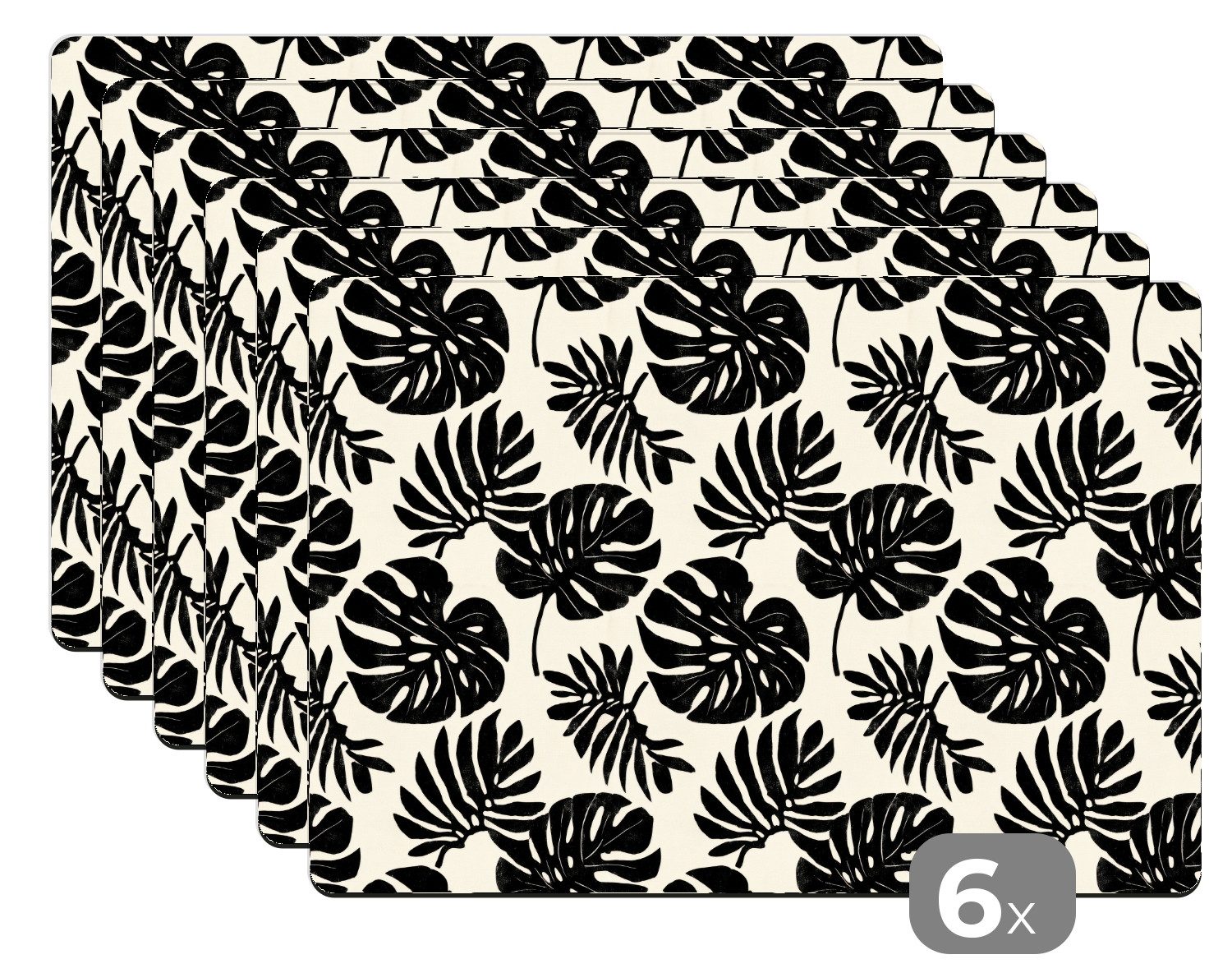 MuchoWow Platzset Modern - Monstera - Schwarz, (6-St), Platzsets, Tischset, Abwaschbar, Tischsets, Platzdeckchen