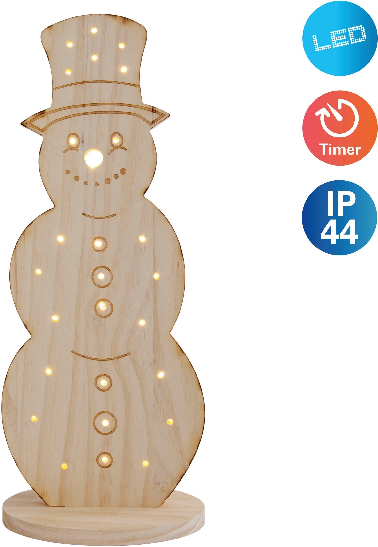 näve LED Dekoobjekt Snowy, Weihnachtsdeko Timer, Holz, cm, aus fest LED 80 Holz, ca. Timerfunktion, Höhe Batteriebetrieb Warmweiß, Schneemann integriert, aus inkl