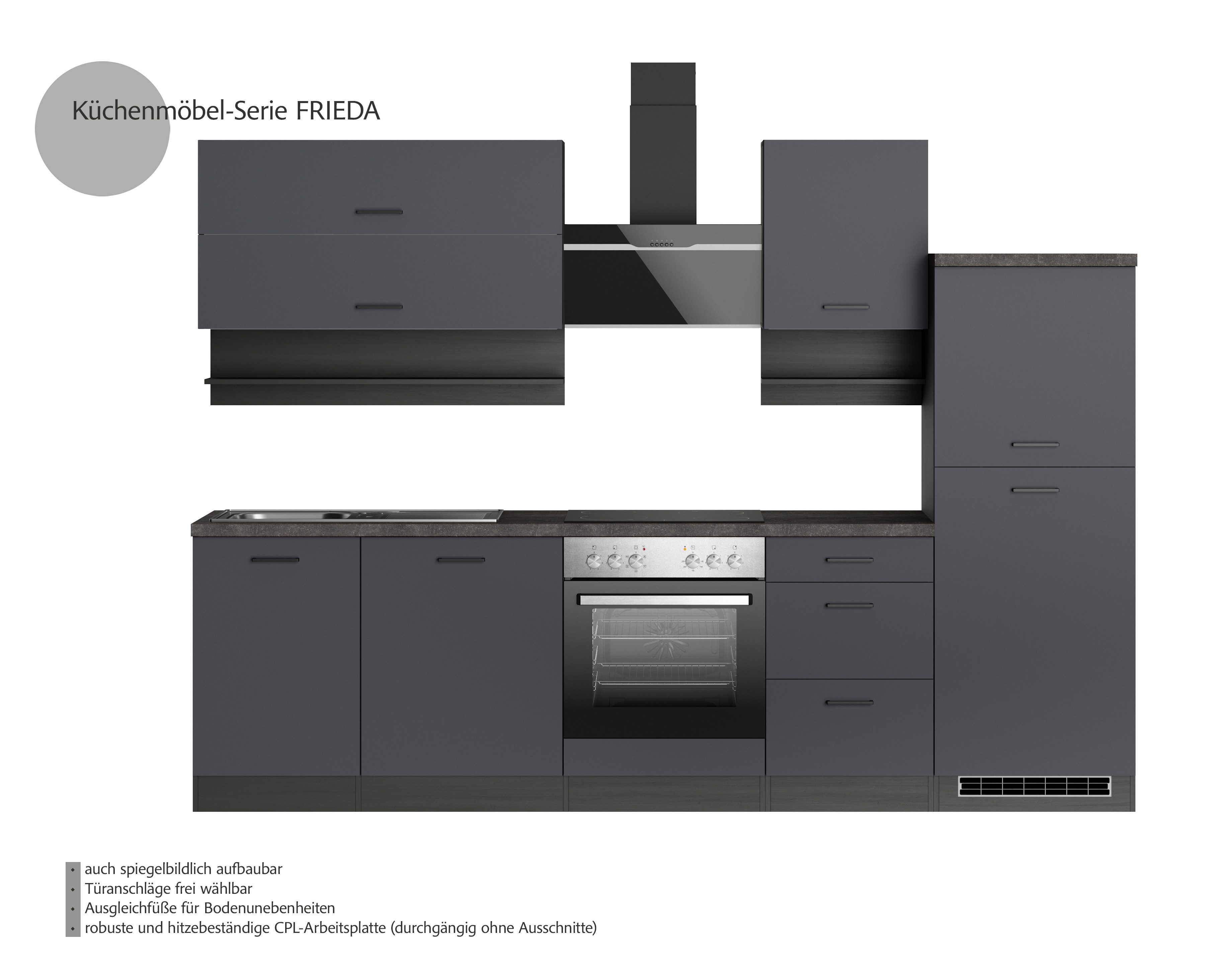 KOCHSTATION Küchenzeile KS-Frieda Breite 280 cm, wahlweise mit E-Geräten, mit 38mm starker Arbeitsplatte