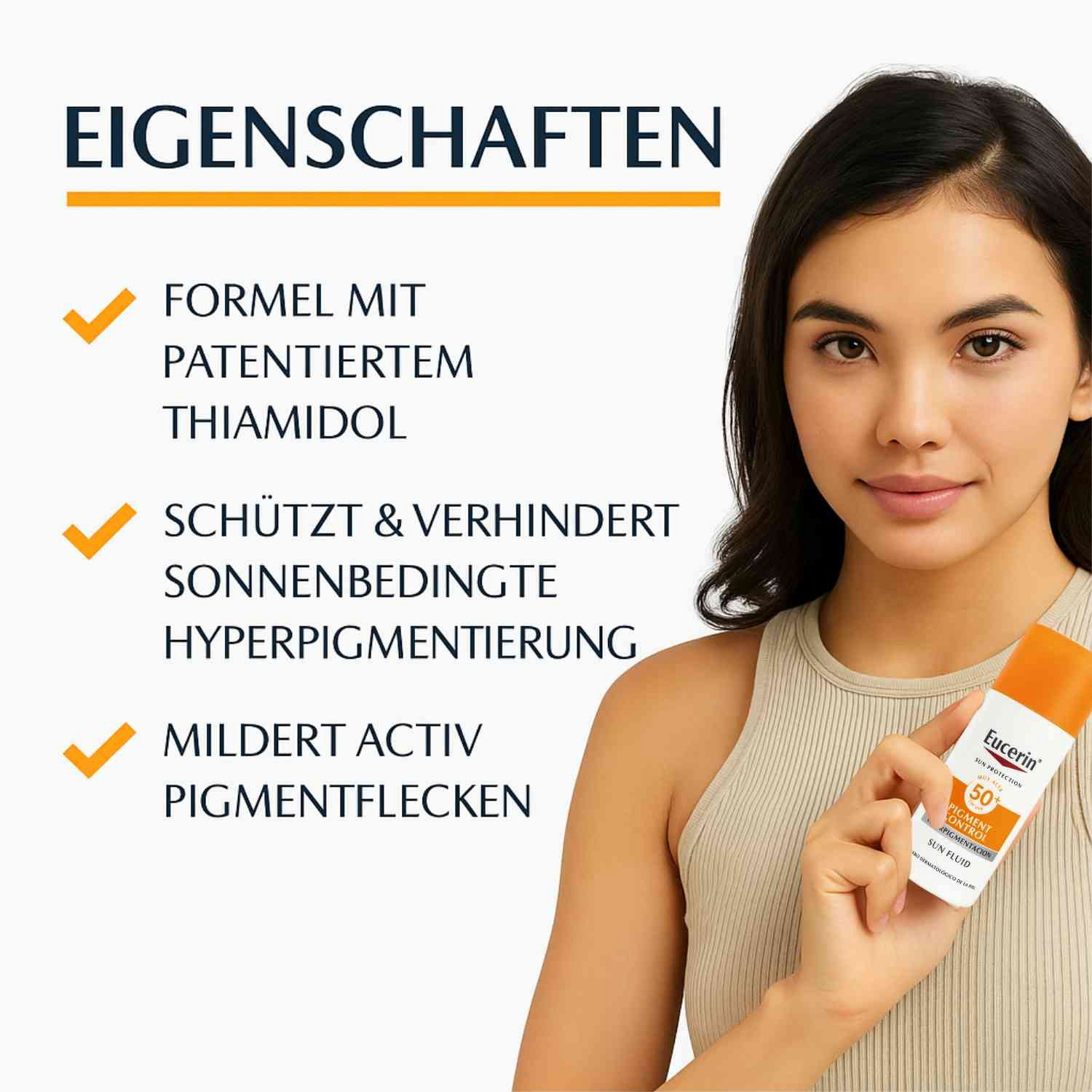 Eucerin Sonnenschutzcreme Pigment Control Sun Fluid LSF 50+ – Hoher UV-Schutz für Gesicht, Thiamidol & Licochalcone A reduzieren, Pigmentflecken sichtbar & verhindern neue – 50 ml