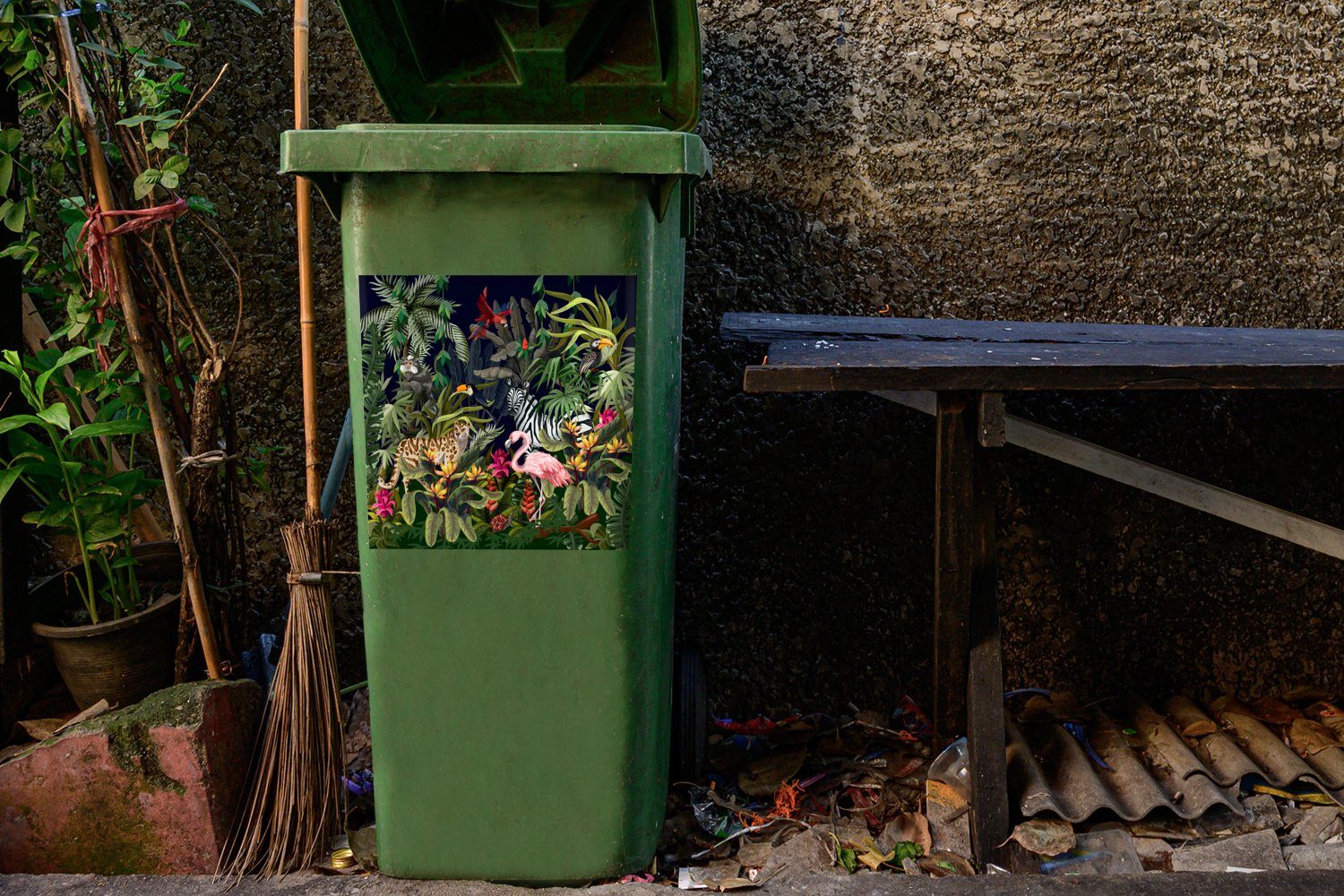 Mülltonne, Mädchen MuchoWow Dschungeltiere Sticker, - Natur Jungen (1 Abfalbehälter St), Container, Mülleimer-aufkleber, Zebra - Flamingo Wandsticker - - -