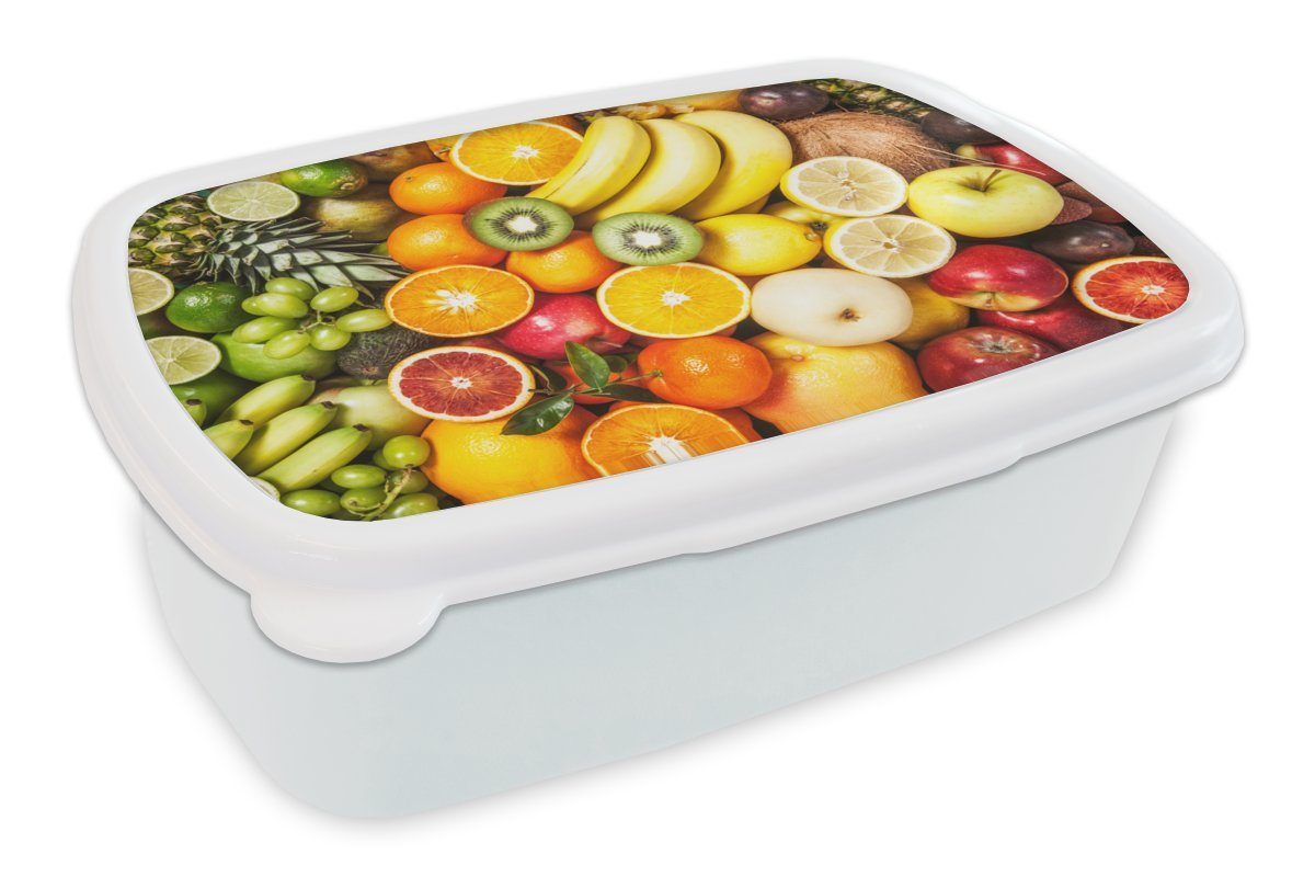 MuchoWow Lunchbox Kiwi - Banane - Obst, Kunststoff, (2-tlg), Brotbox für Kinder und Erwachsene, Brotdose, für Jungs und Mädchen weiß