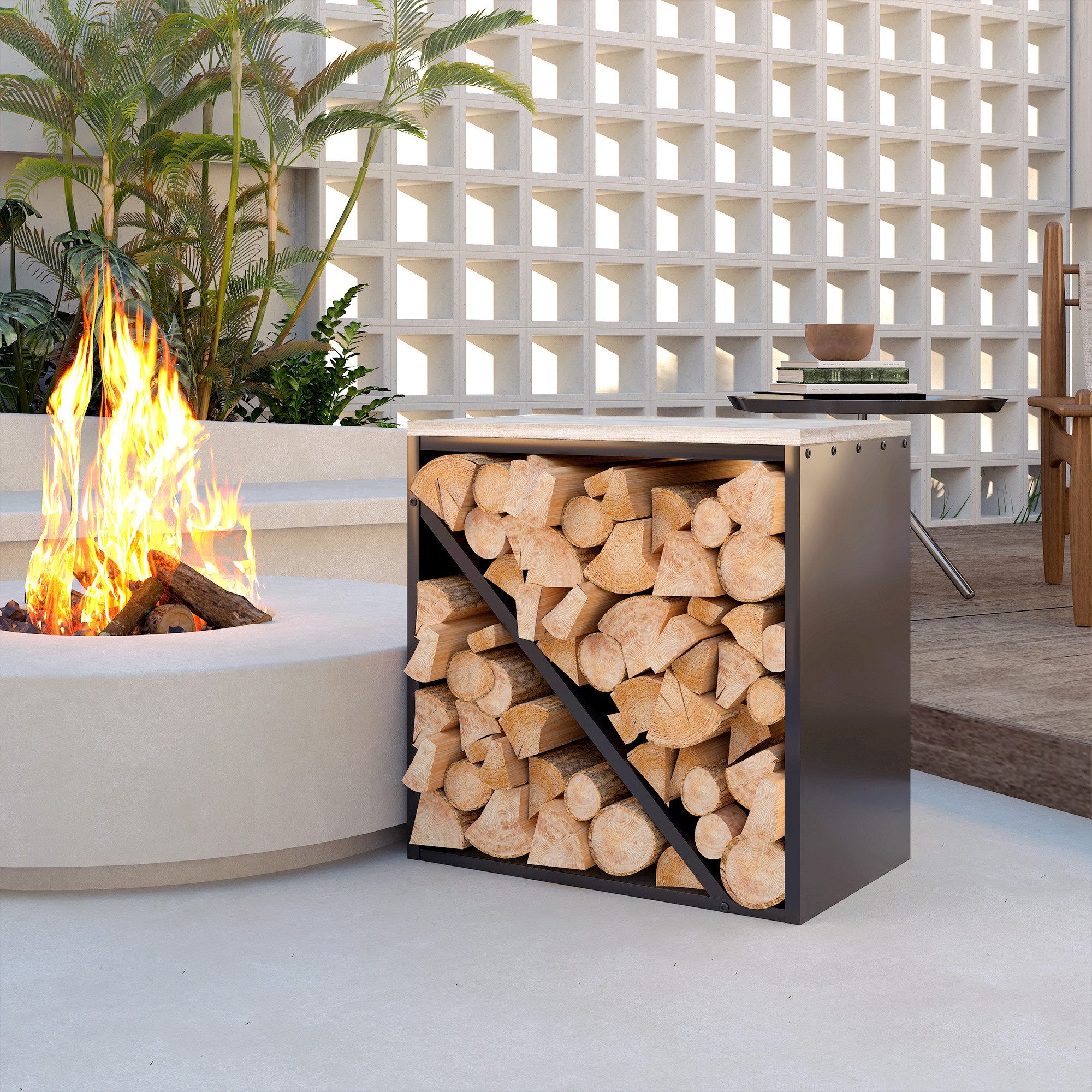 Outsunny Kaminholzregal Brennholzregal mit Trenner Kaminholzständer für Kamin Feuerholzregal, BxTxH:36x36x60 cm, (Holzlager, 1-St., Holzregal), für Feuerholz, Brennholz Metall Schwarz