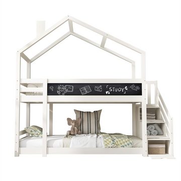 XDeer Etagenbett Kinderbett mit Stauraumtreppe und Rausfallschutz 90 x 200 cm, Hochbett Baumhaus für Kinder inkl.Tafel– 2x Lattenrost- Weiß