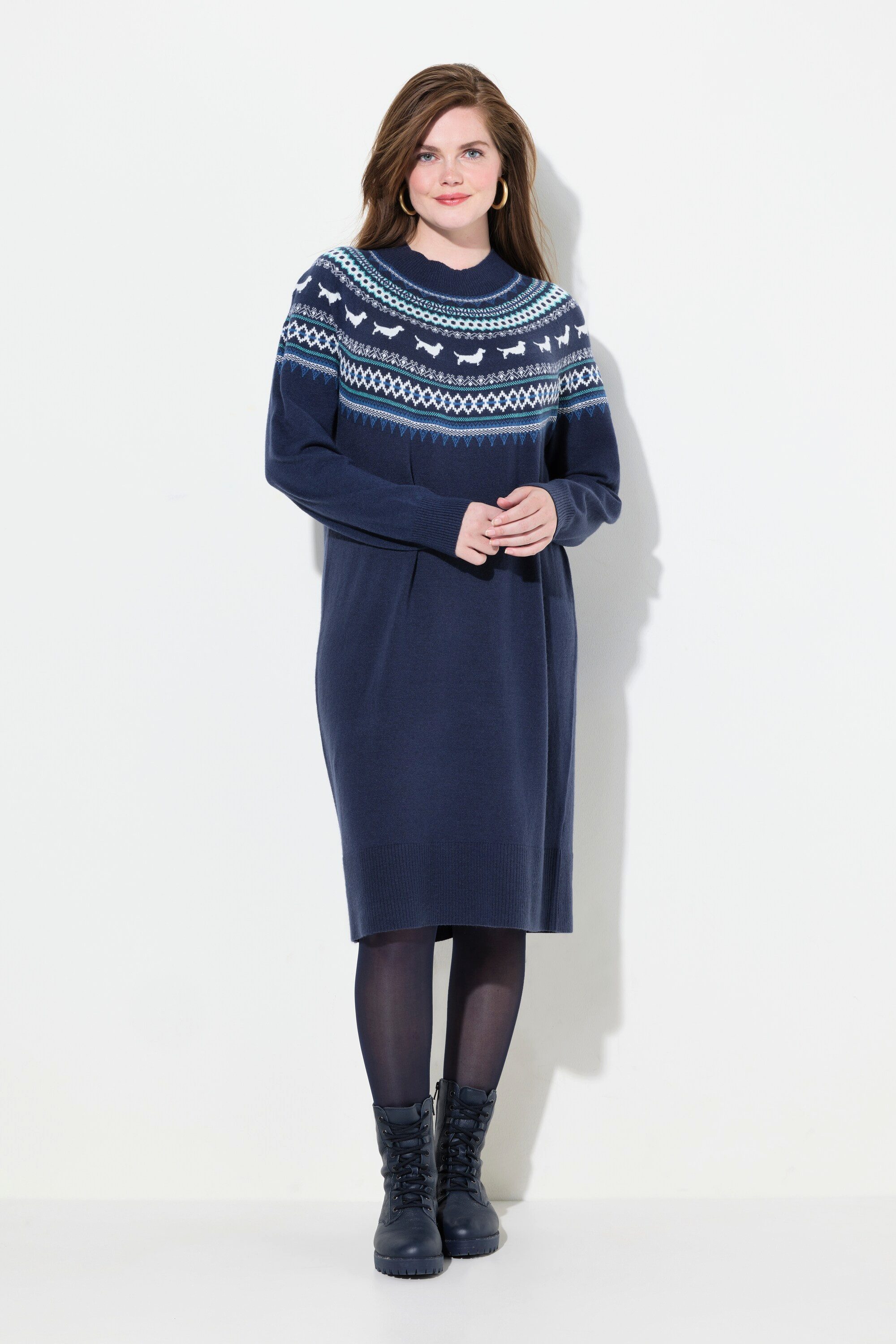 Ulla Popken Strickkleid Norweger-Strickkleid Hunde Oversized Rundhals