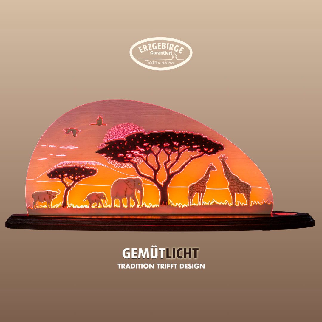 Weigla LED Dekolicht Safari, Holz & Acrylglas, ROT-NATUR-BRAUN, Made in Germany, LED wechselbar, Neutralweiß, Erzgebirge garantiert, afrikanische Deko Innen, Dekolampe