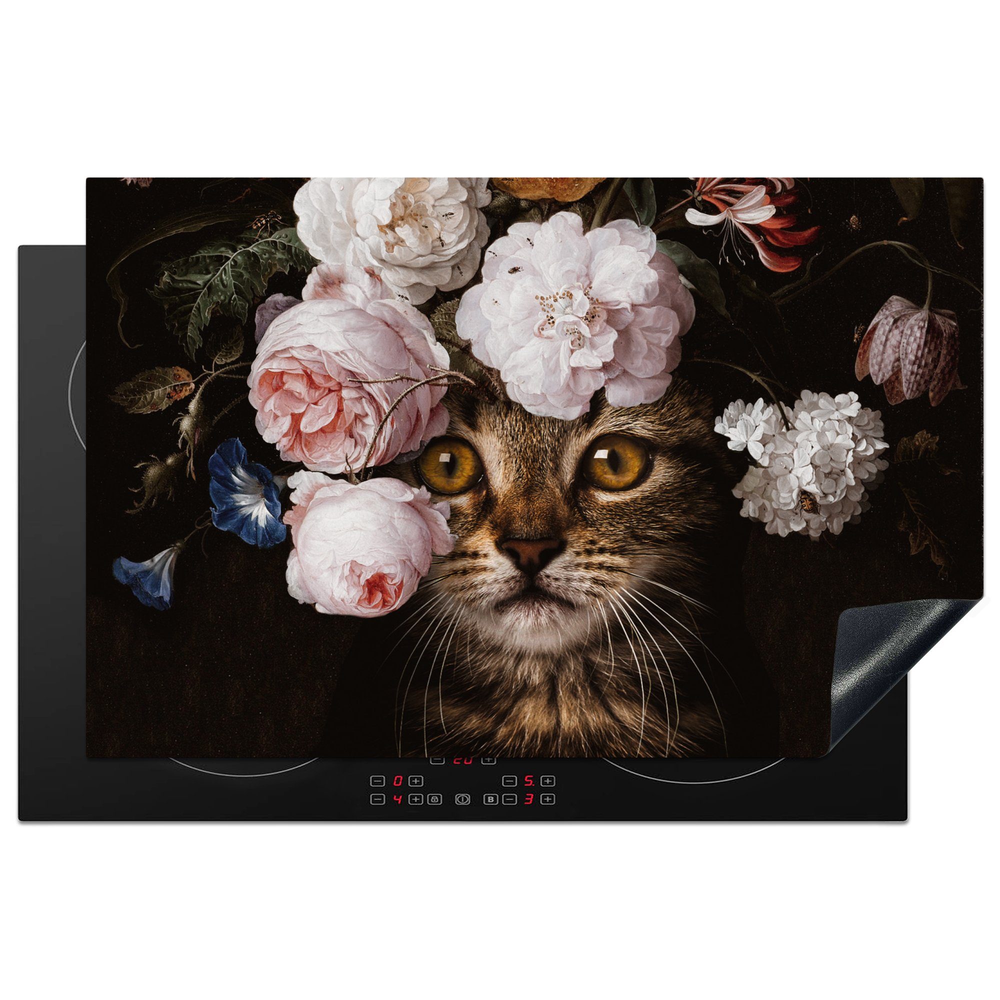 MuchoWow Herdblende-/Abdeckplatte Katze - Blumen - Kunst, Vinyl, (1 tlg), 81x52 cm, Induktionskochfeld Schutz für die küche, Ceranfeldabdeckung