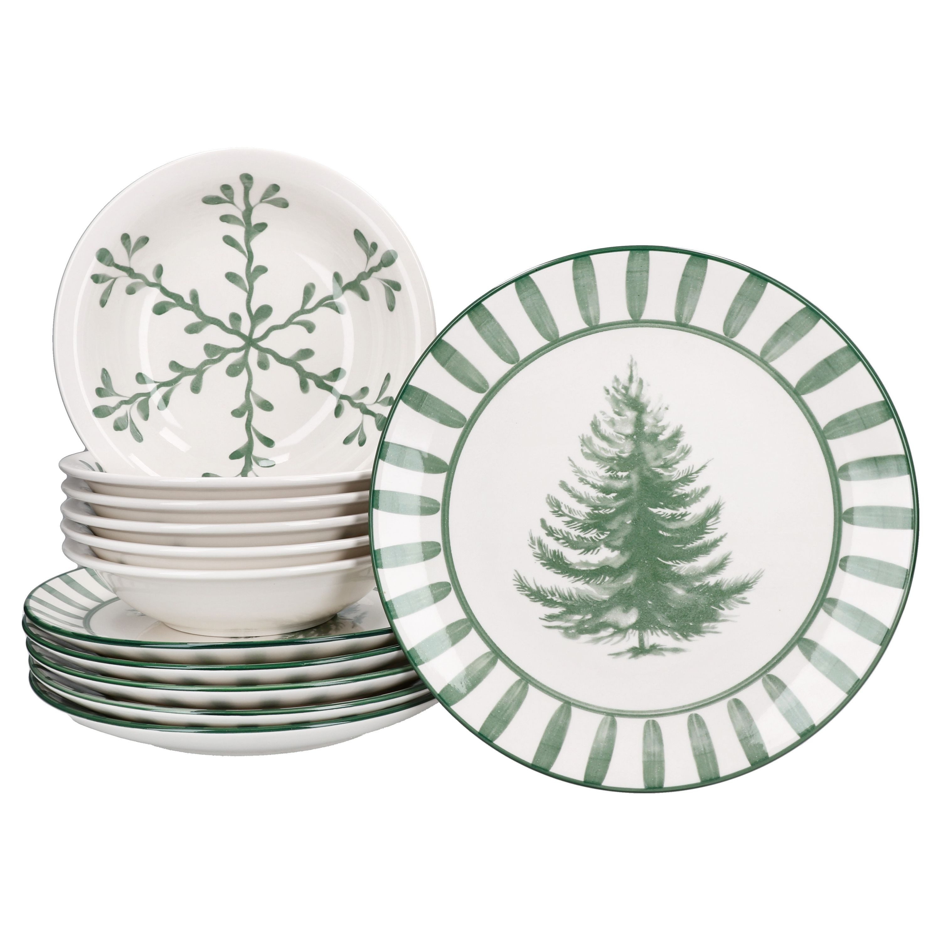 MamboCat Tafelservice 12tlg Tafelservice Wald grün 6 Personen Essteller Suppenteller, Steingut, Weihnachtsgeschirr, Winter, Weihnachtsset, Geschirr