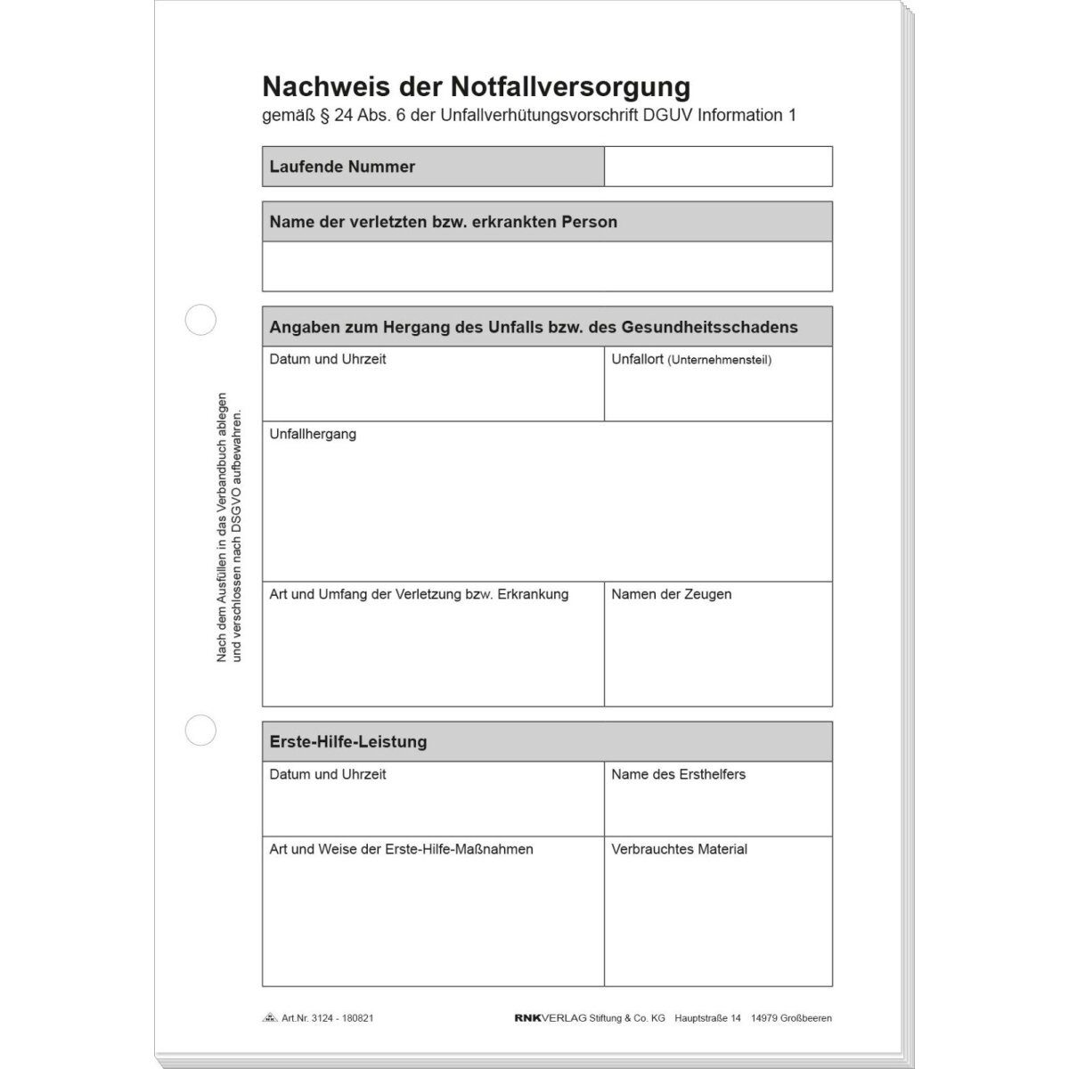 RNK Verlag Formularblock Nachweis der Notfallversorgung A5 50 Blatt