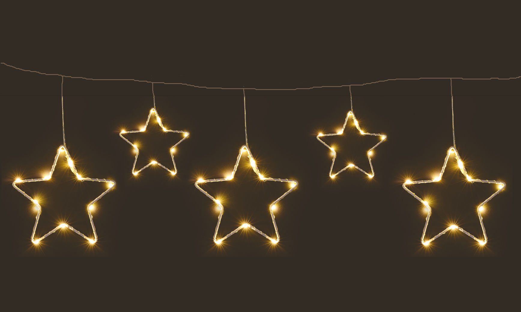 Spetebo LED-Lichtervorhang LED Lichtervorhang mit 5 Metall Sternen warm weiß, 5-flammig, 120 cm Länge - Weihnachten Fenster Beleuchtung mit Timer Batterie