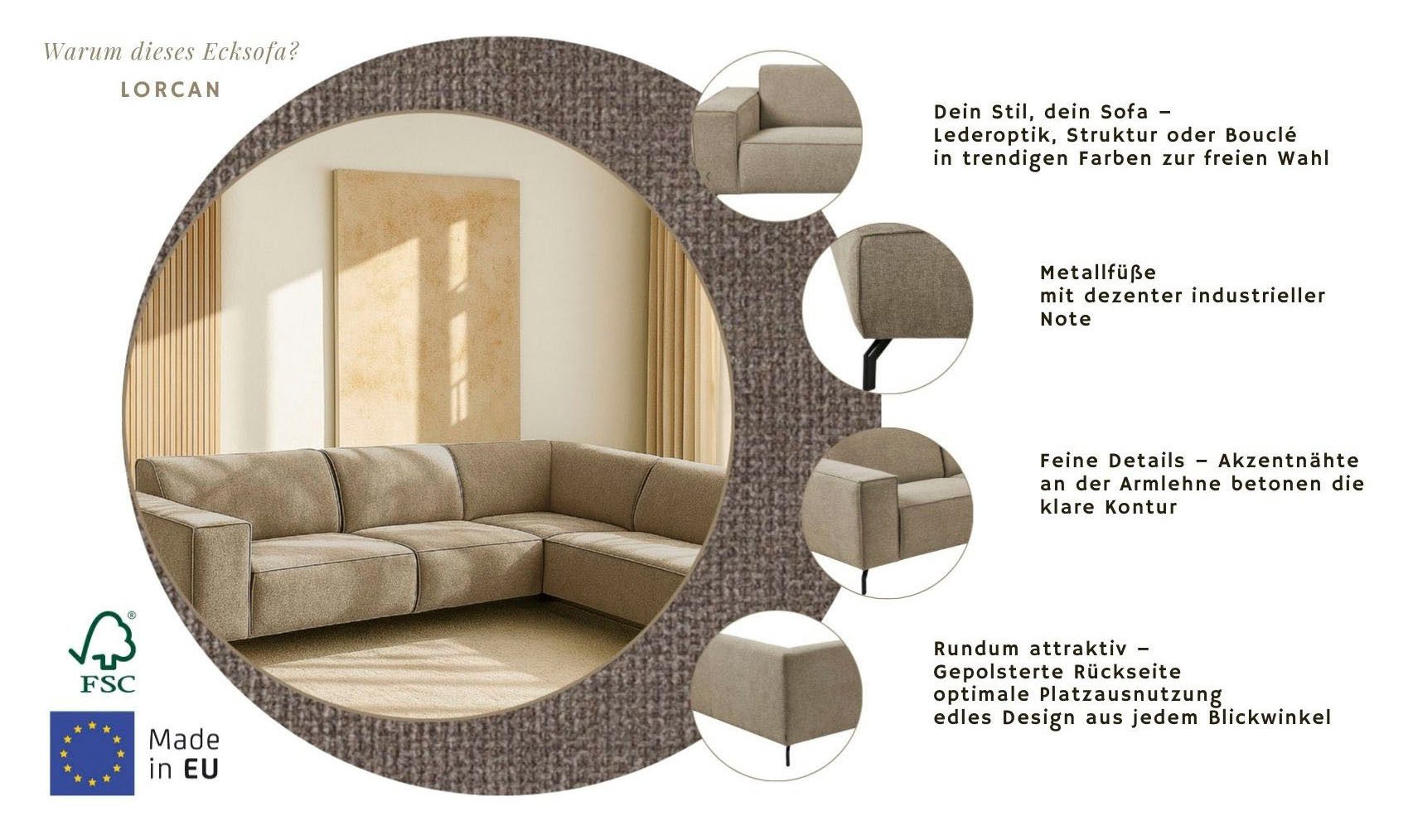 Home affaire Ecksofa LORCAN mit Metallfüßen, Breite 275 cm, weiches Sitzgefühl, Metallfüße, Lederoptik, Struktur, Bouclé