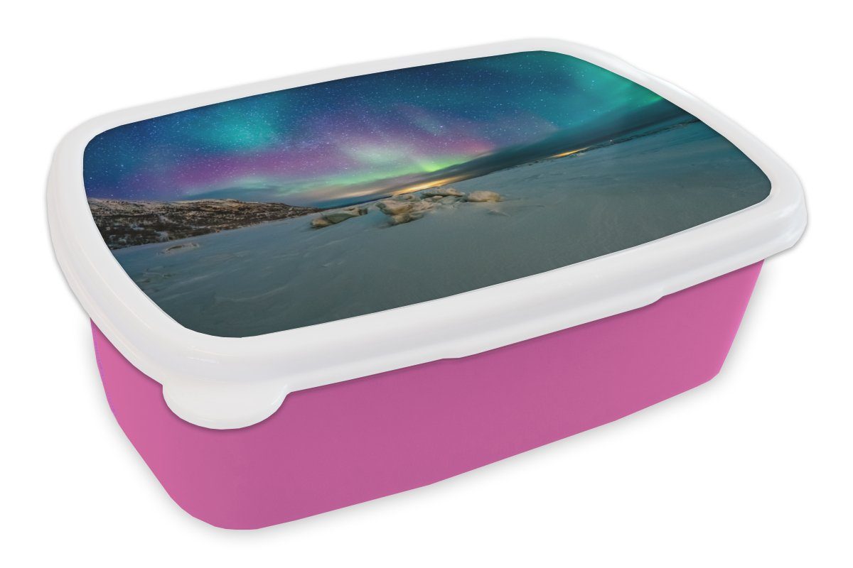 MuchoWow Lunchbox Nordlichter - Schnee - Farben, Kunststoff, (2-tlg), Brotbox für Erwachsene, Brotdose Kinder, Snackbox, Mädchen, Kunststoff rosa