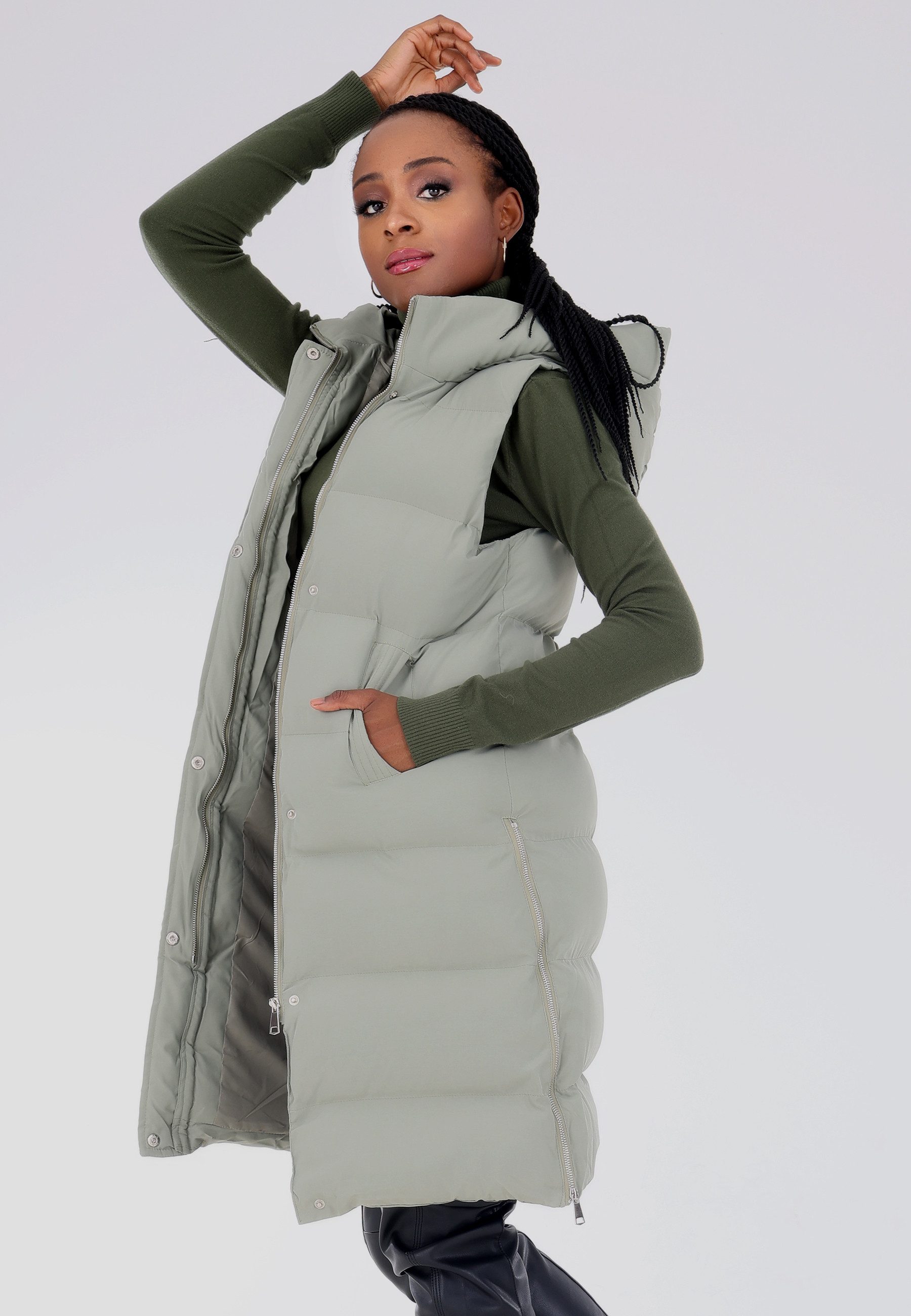 YC Fashion & Style Longweste Steppweste mit Kapuze in sportivem Look (Kein Set, 1 -tlg) in Unifarbe