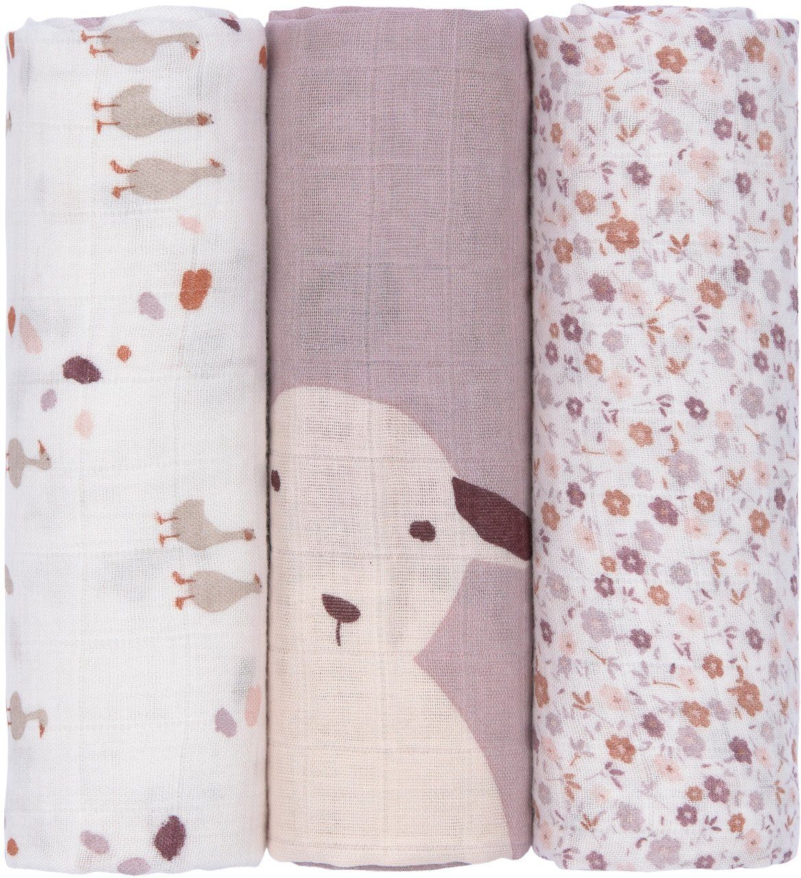 LÄSSIG Stoffwindeln Tini Farmer, Mulltuch-Set L, Flowers Lilac (Set, 3-St), PETA-approved vegan