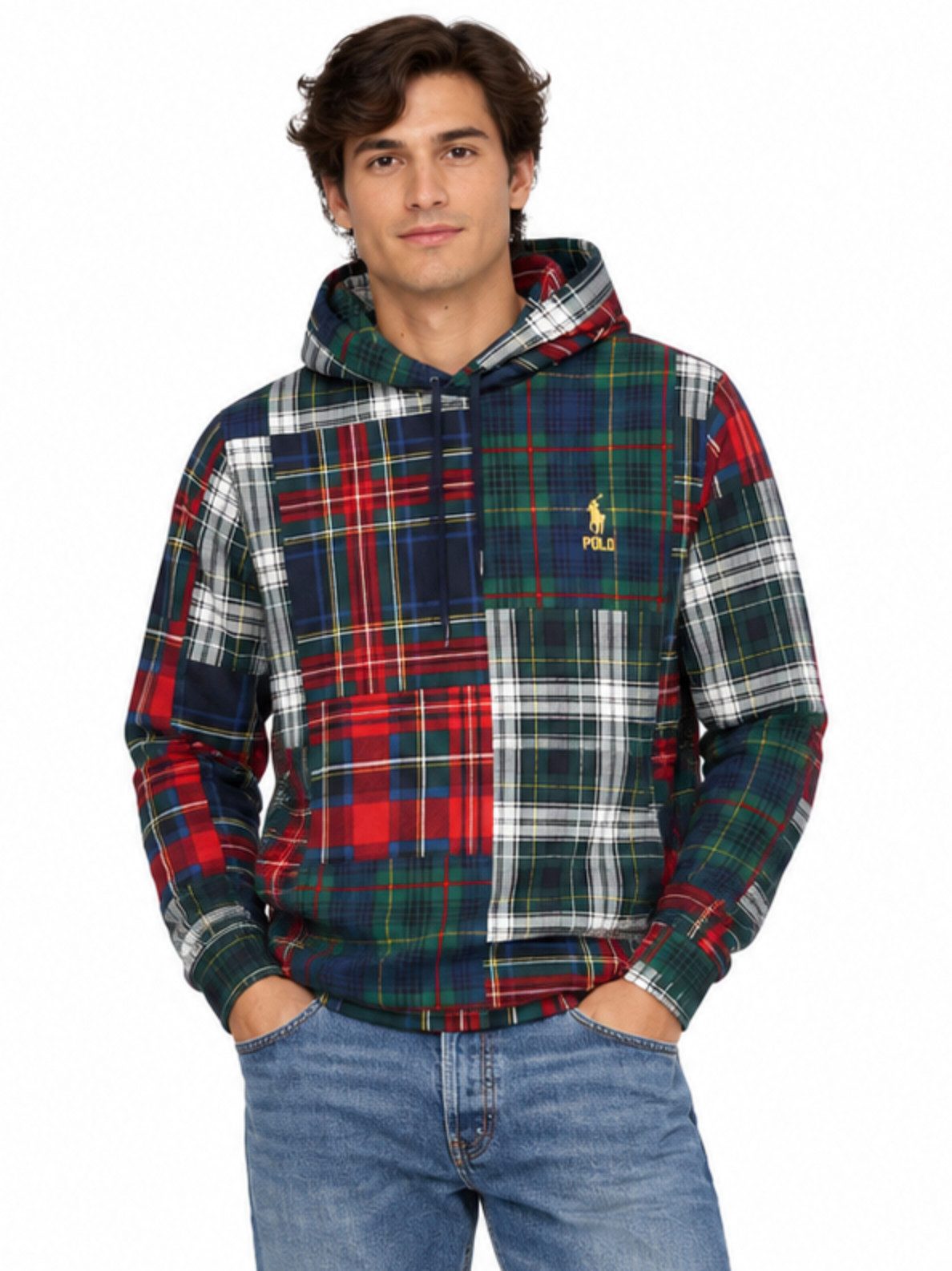 Polo Ralph Lauren Kapuzensweatshirt Patchwork Hoodie Check Sweater Sweatshirt Kapuze mit verstellbarem Kordelzug