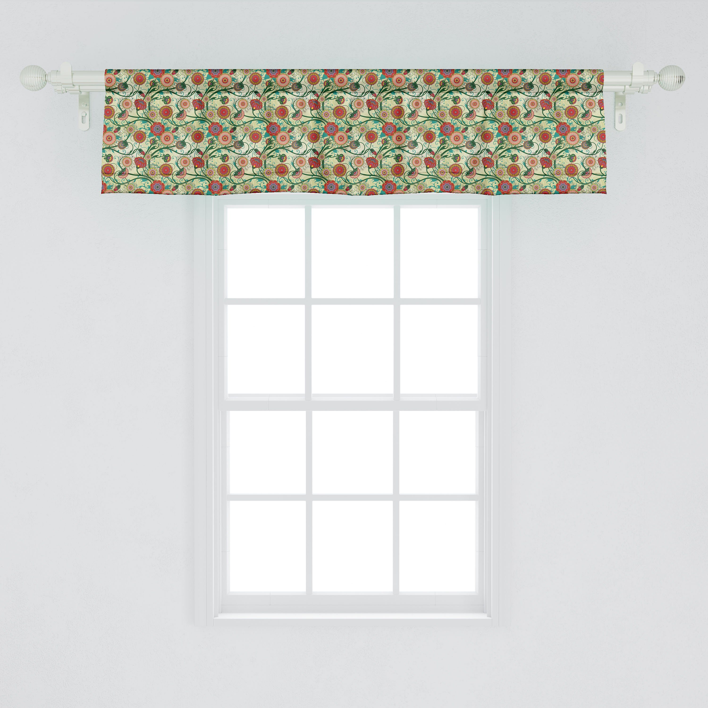 Scheibengardine Vorhang Volant Schlafzimmer Küche Microfaser, Verziert Stangentasche, Dekor Bunt Blumen Abakuhaus, für mit Vintage