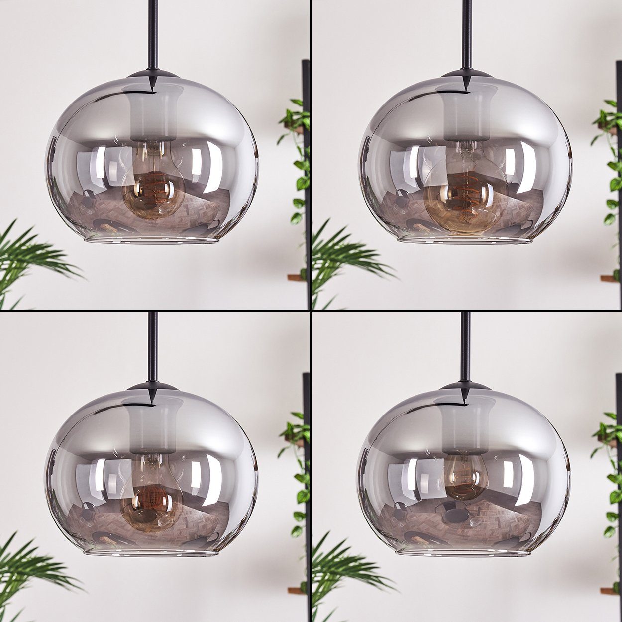 hofstein Hängeleuchte Hängelampe aus Metall/Glas in Schwarz/Rauchfarben, ohne Leuchtmittel, im Vintage/Retro Design, Glasschrime Ø20cm, 4x E27, ohne Leuchtmittel