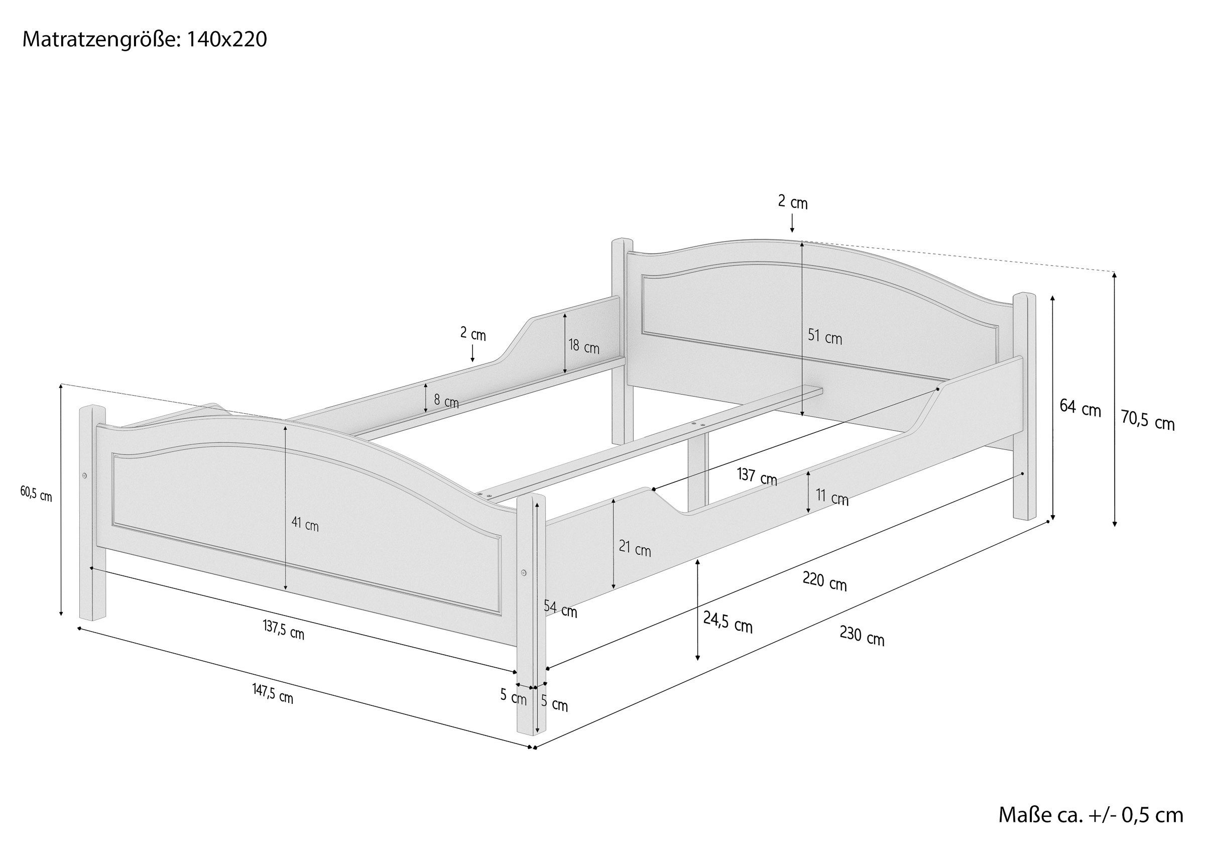 massiv ERST-HOLZ 140x220 Zubehör Kieferholzbett Überlanges Doppelbett Bett Kieferfarblos wählbar, lackiert